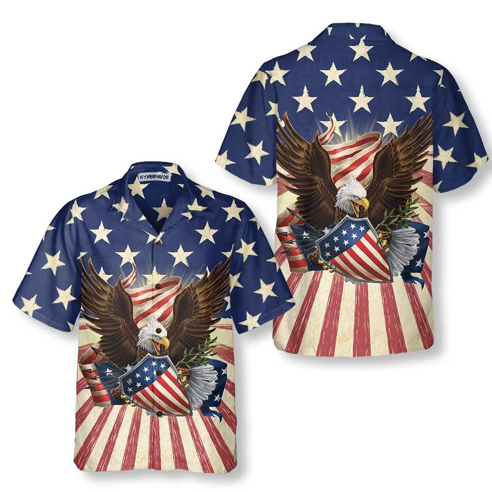 Patriotic Eagle Defending Honor And America Hawaiian Shirt, American Flag Button-down Shirt