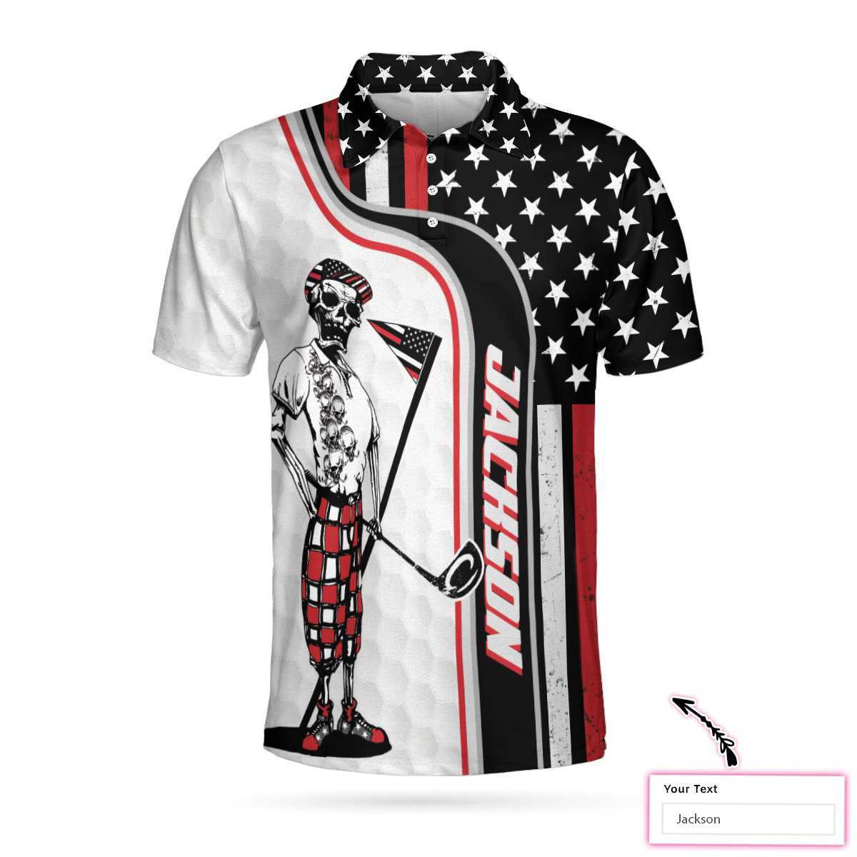 Personalized Golfer On Black And Red American Flag Custom Polo Shirt, USA Flag Golf Shirt For Men