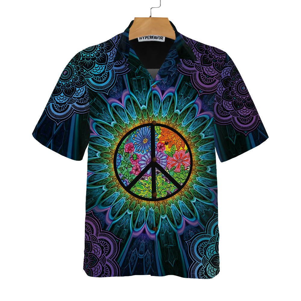 Purple Flower Hippie Hawaiian Shirt, Mandala Peace Sign Hippie Shirt