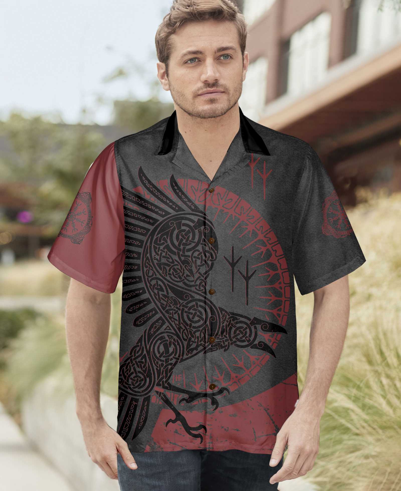 Red And Black Raven Viking Hawaiian Shirt, Unique Viking Raven Shirt For Men And Women