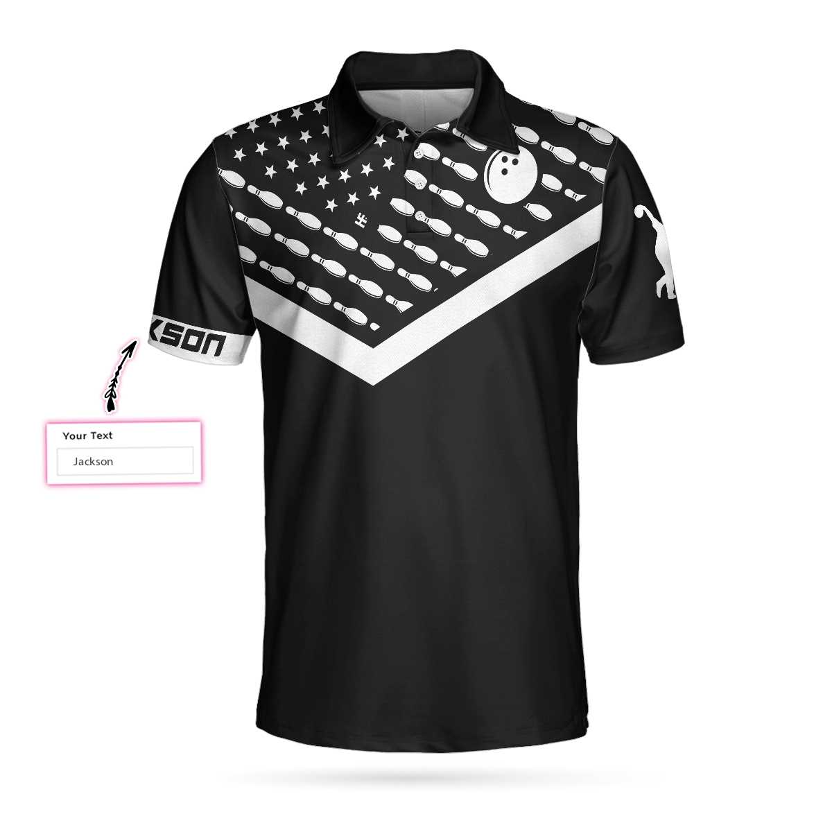 Spear Swear Drink Repeat Bowling Custom Polo Shirt, Personalized Black American Flag Bowling Shirt For Men