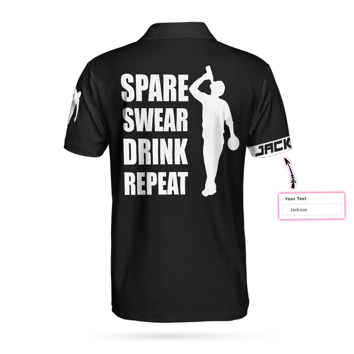 Spear Swear Drink Repeat Bowling Custom Polo Shirt, Personalized Black American Flag Bowling Shirt For Men