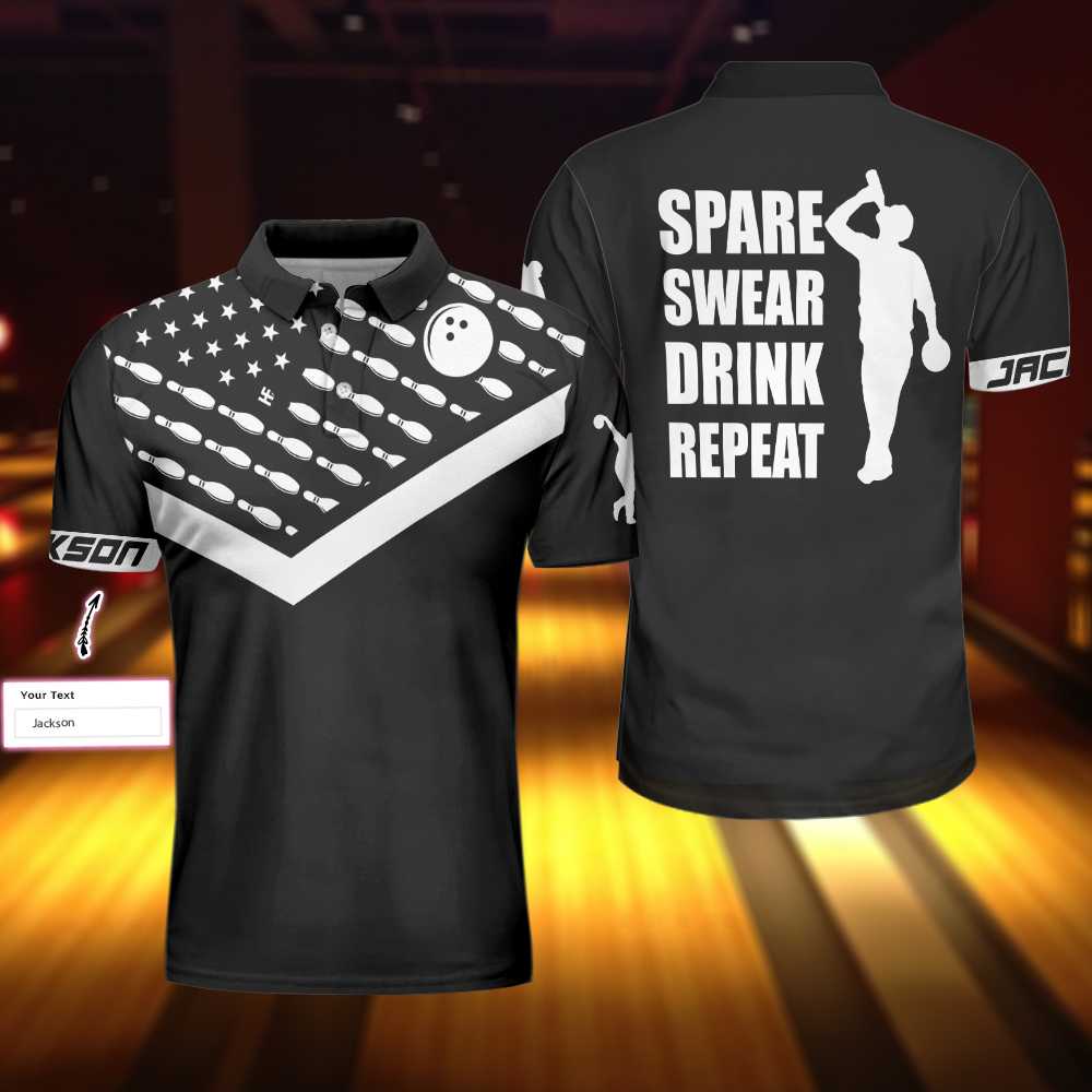 Spear Swear Drink Repeat Bowling Custom Polo Shirt, Personalized Black American Flag Bowling Shirt For Men