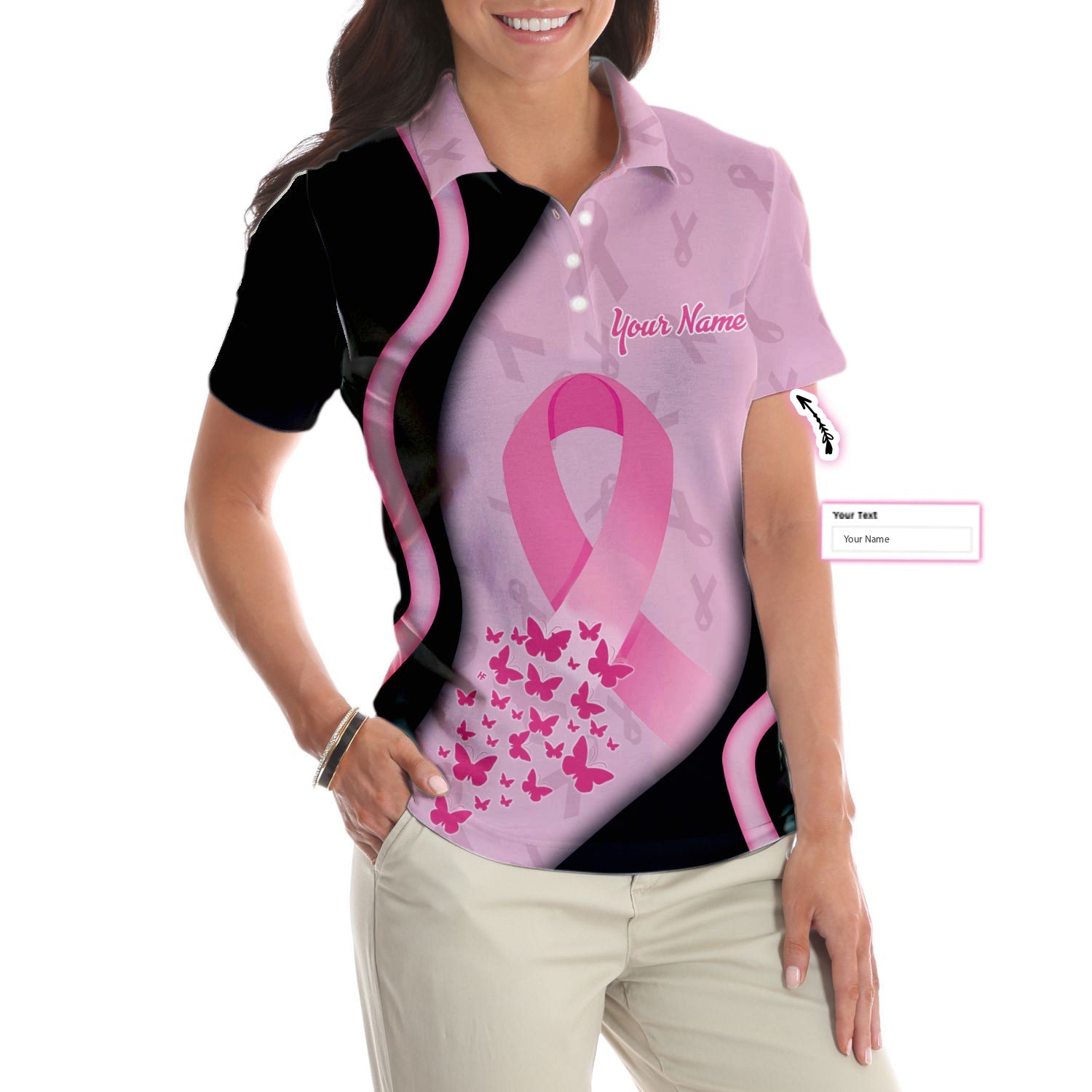 Strong AF Breast Cancer Warrior Custom Short Sleeve Women Polo Shirt, Personalized Pink Breast Cancer Awareness Shirt For Ladies