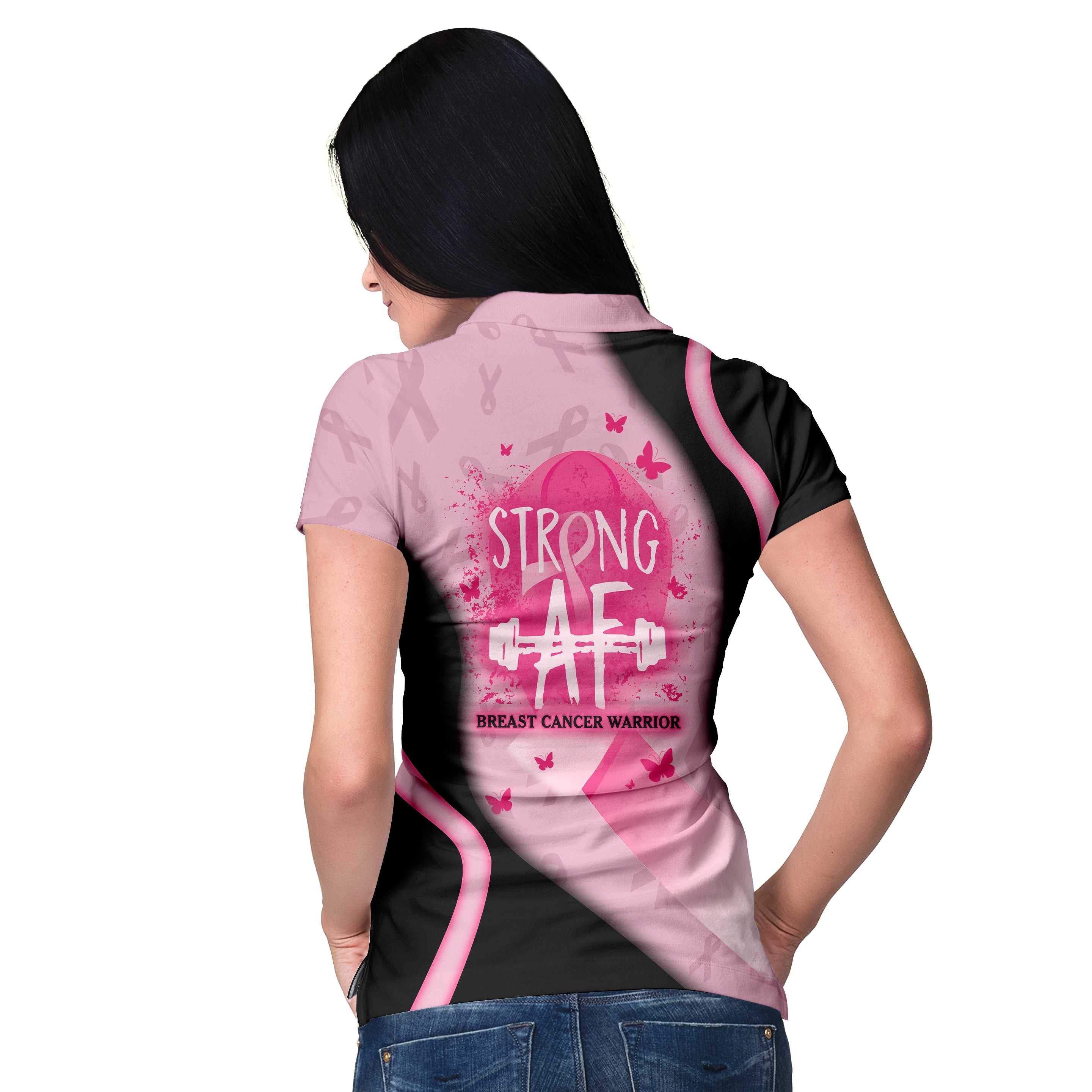 Strong AF Breast Cancer Warrior Custom Short Sleeve Women Polo Shirt, Personalized Pink Breast Cancer Awareness Shirt For Ladies
