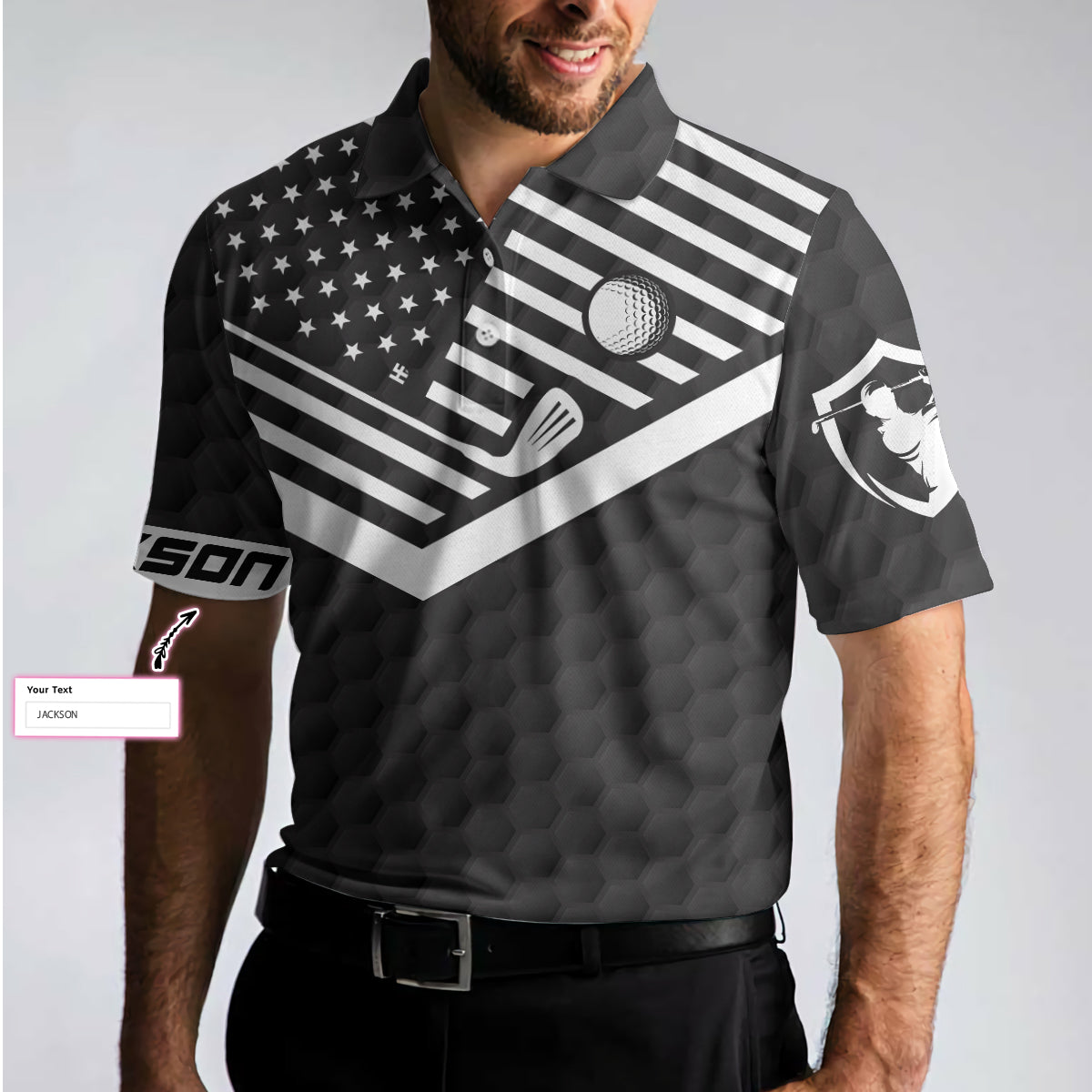 Sun Sand and Swing Custom Polo Shirt, Personalized Black American Flag Golf Shirt For Men
