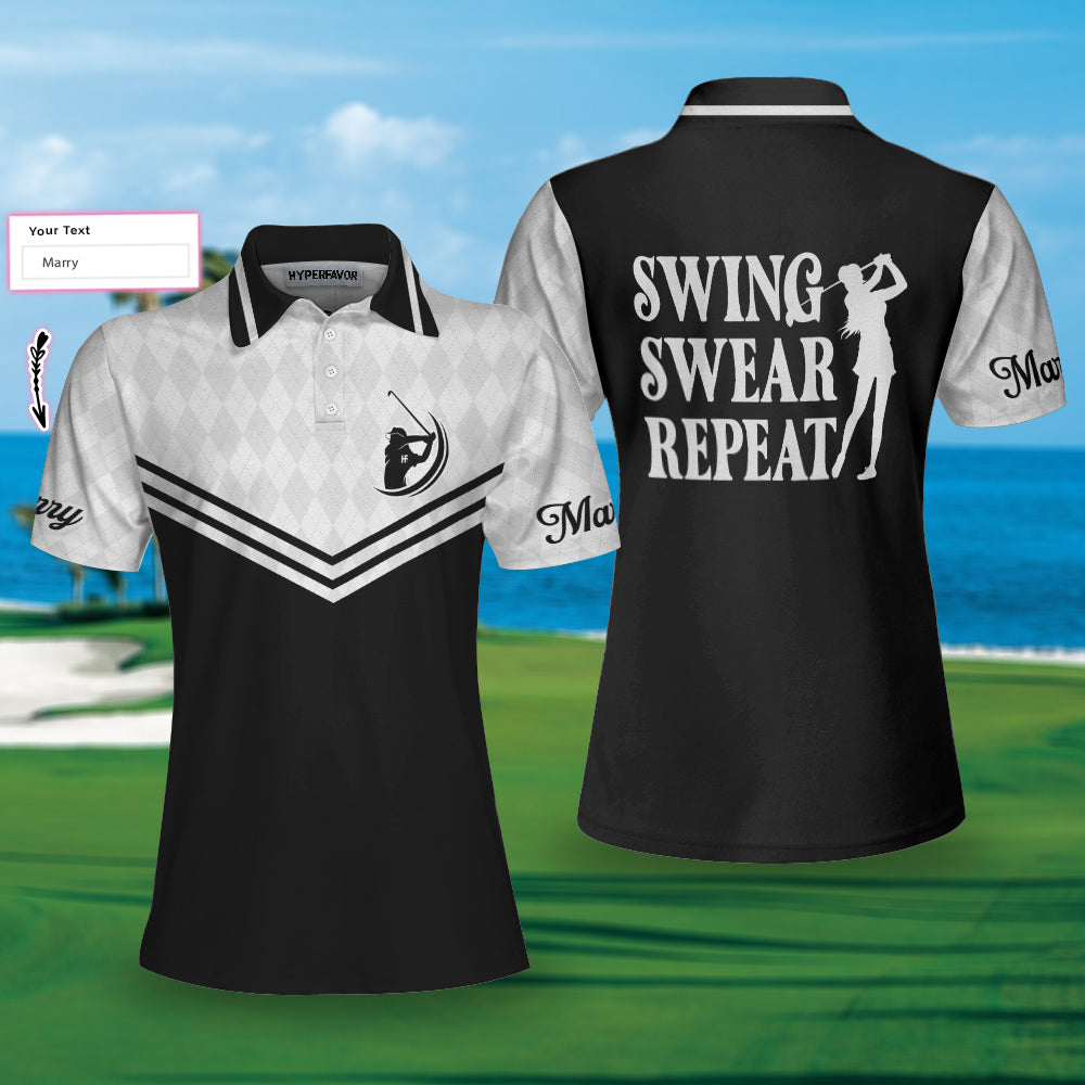 Swing Swear Repeat Custom Short Sleeve Women Polo Shirt, Black And White Golf Shirt For Female Players - Hyperfavor