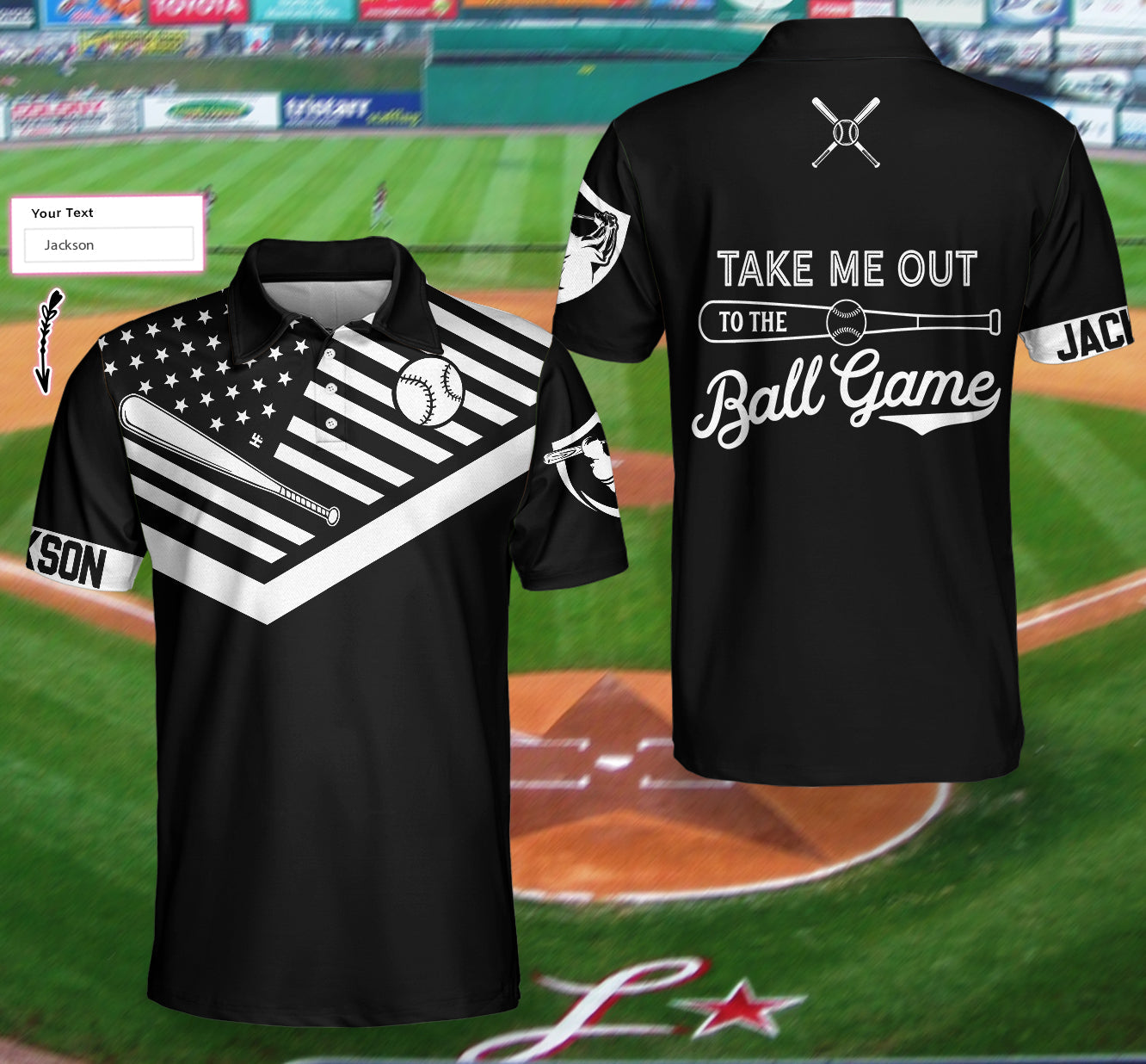 Take Me Out To The Ball Game Custom Polo Shirt, Personalized Black American Flag Baseball Shirt For Men