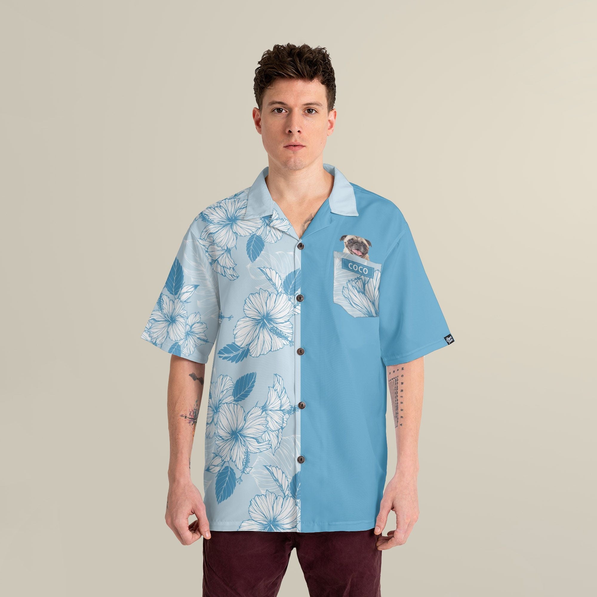 Joy Hibiscus Light Blue Custom Hawaiian Shirt, Personalized Floral Aloha Shirt, Unique Half Half Design
