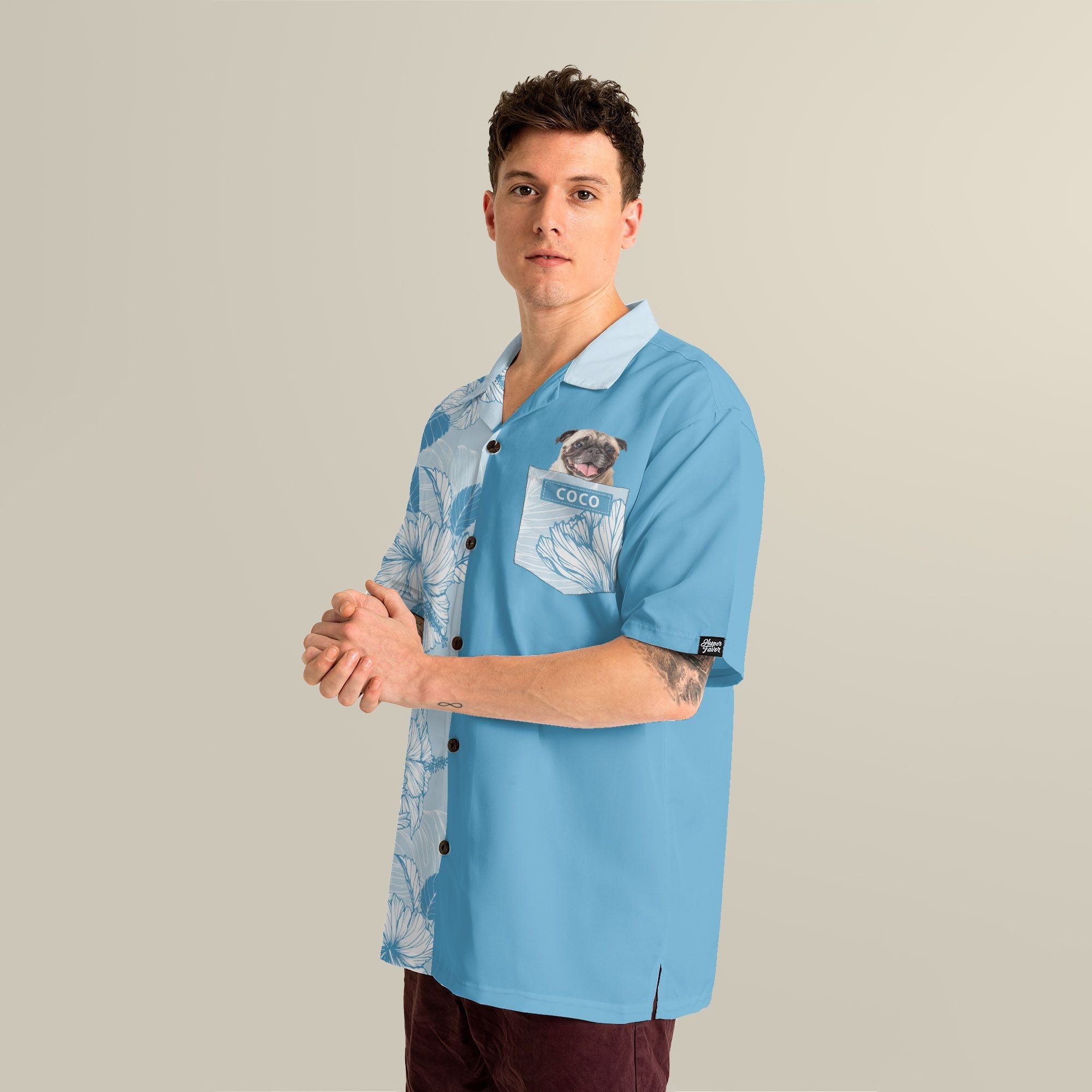Joy Hibiscus Light Blue Custom Hawaiian Shirt, Personalized Floral Aloha Shirt, Unique Half Half Design