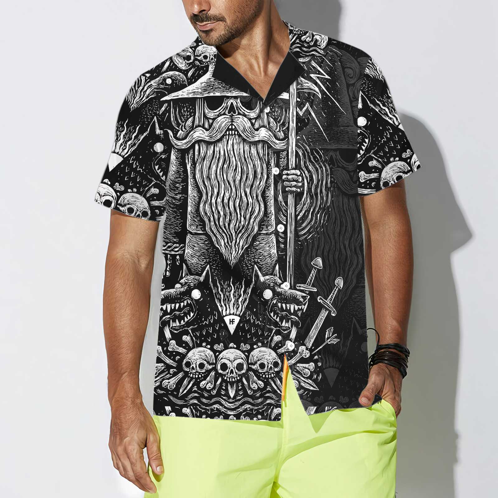 Viking God Odin Hawaiian Shirt, Black And White Viking Odin Norse Mythology Shirt