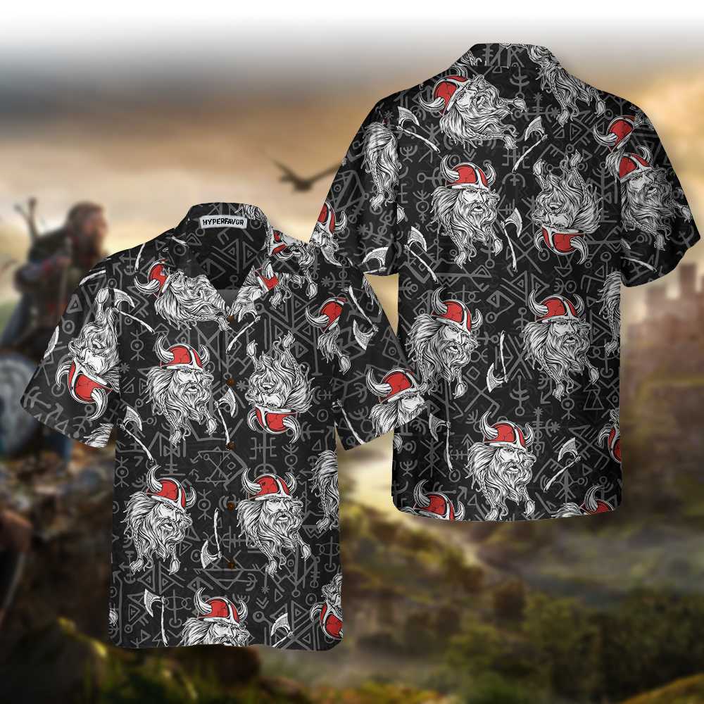 Viking Head Hawaiian Shirt, Seamless Pattern God Odin Viking Shirt
