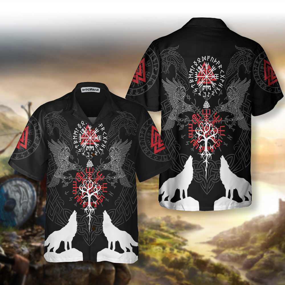 Viking Raven And Wolf Viking Hawaiian Shirt, Wolf Viking Shirt Short Sleeve