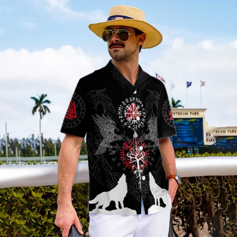 Viking Raven And Wolf Viking Hawaiian Shirt, Wolf Viking Shirt Short Sleeve