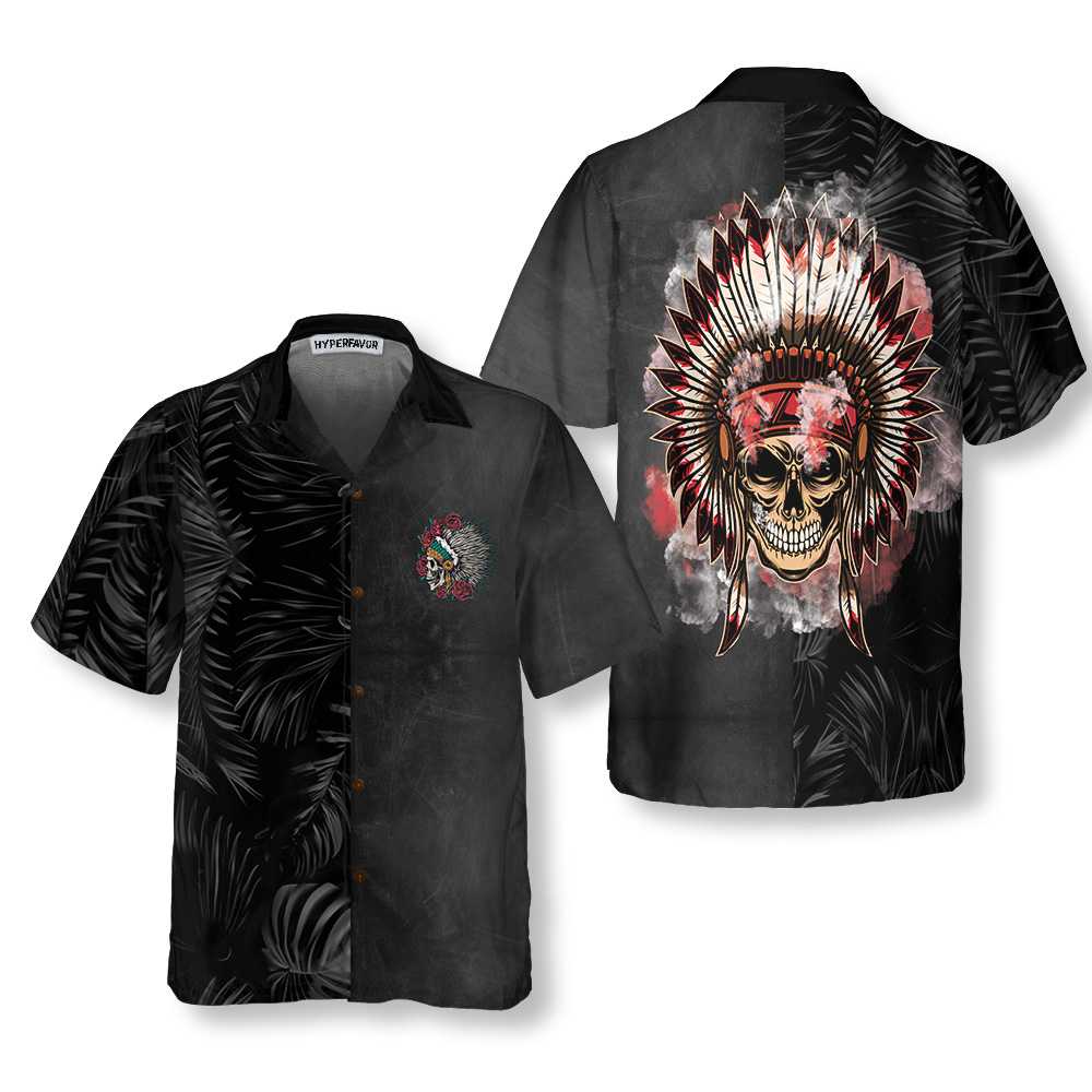 Vintage Wild West Native American Skull Hawaiian Shirt, Tropical Leaves Pattern American Indian Shirt