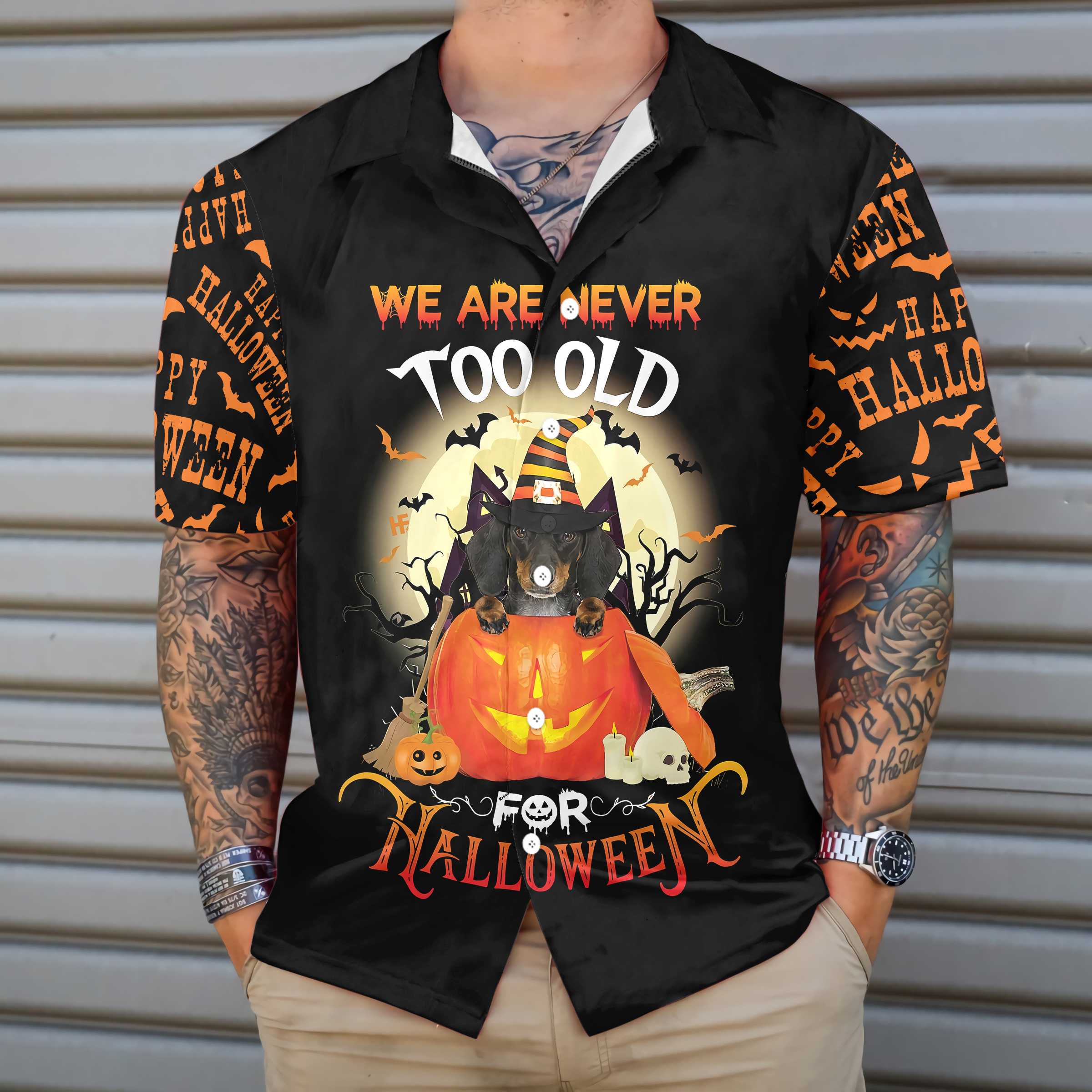 We Are Never Too Old For Halloween Hawaiian Shirt, Dachshund Halloween Shirt