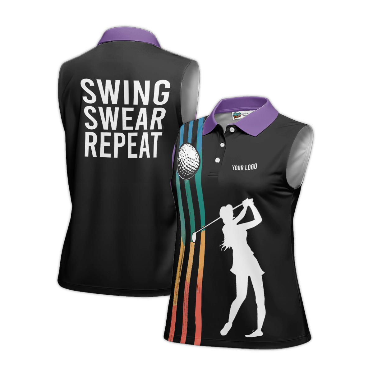 Custom Women's Sleeveless Golf Polo Shirt Swing Swear Repeat Funny Golf Shirt