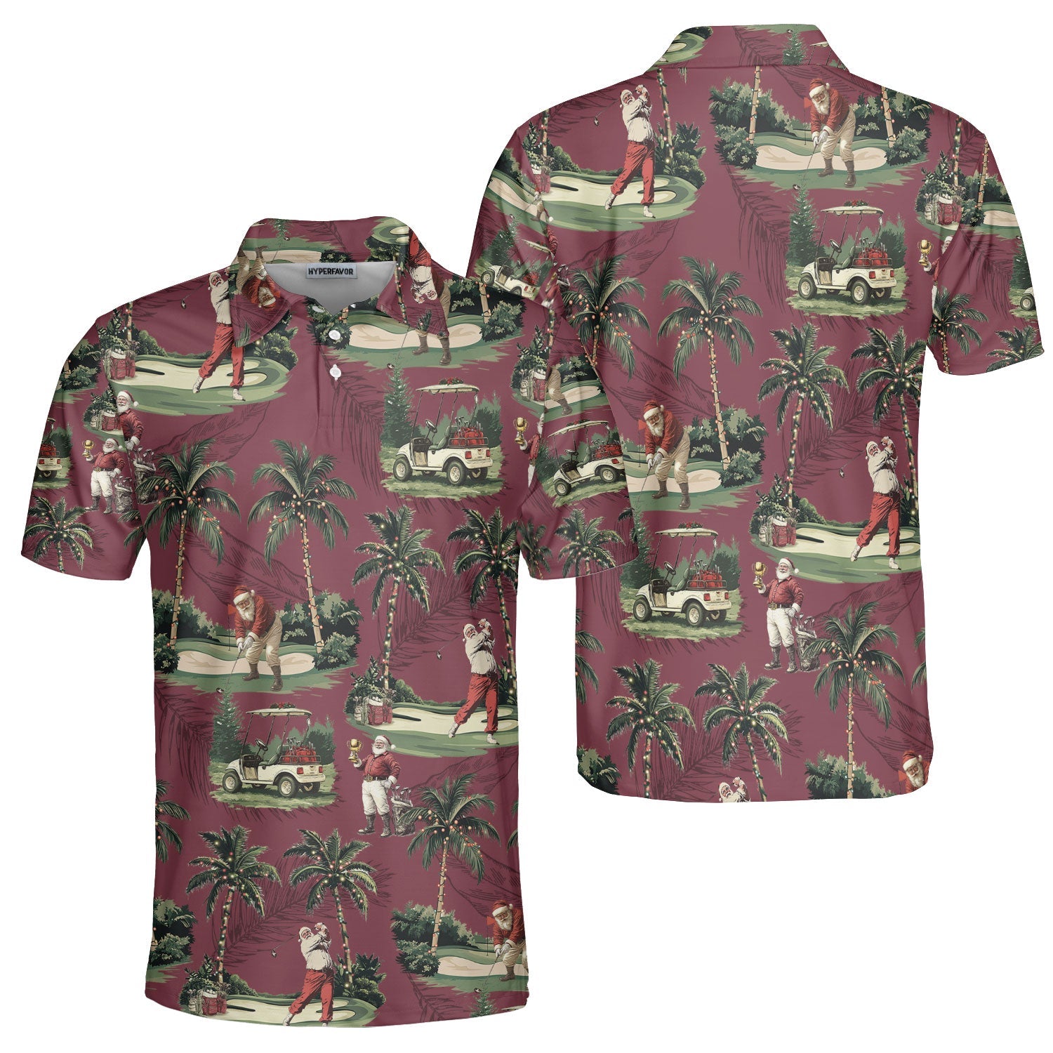 Men's Maroon Santa Playing Golf Christmas Golf Polo Shirts