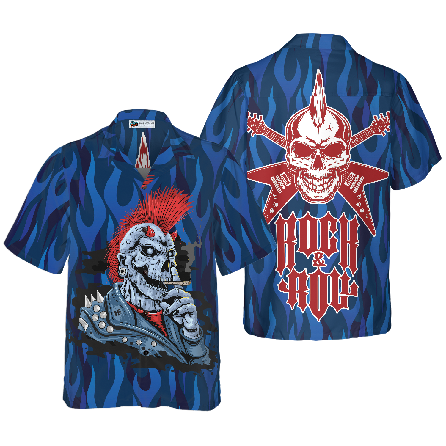 Punk Rock Skull Electric Guitar Hawaiian Shirt, Blue Flame Pattern Skull Rocker Hawaiian Shirt For Men