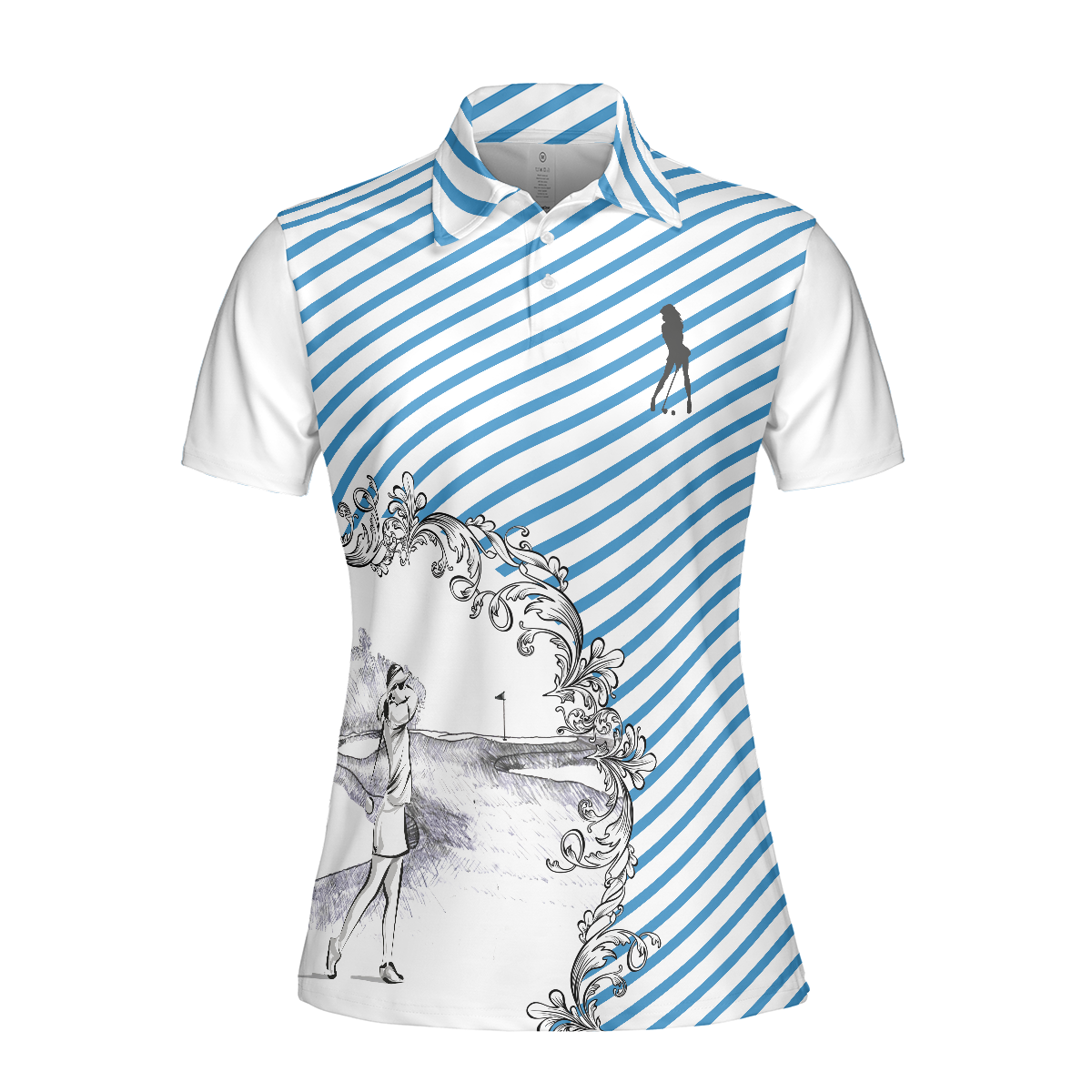 Blue Striped And Sketching Golf Girl Golf Short Sleeve Women Polo Shirt, Best Gift For Female Golfers