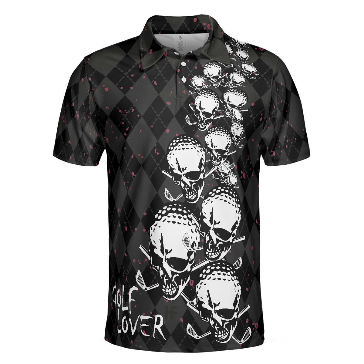 Elegant Argyle Pattern And Skull Golf Lover Polo Shirt, Black Skull Golf Shirt For Men