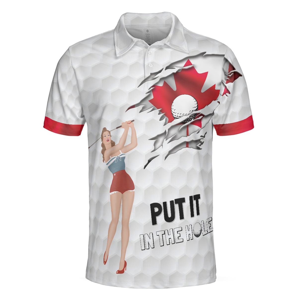 Golf Canada Flag Pin Up Girl Polo Shirt, Canadian Golf Shirt For Men