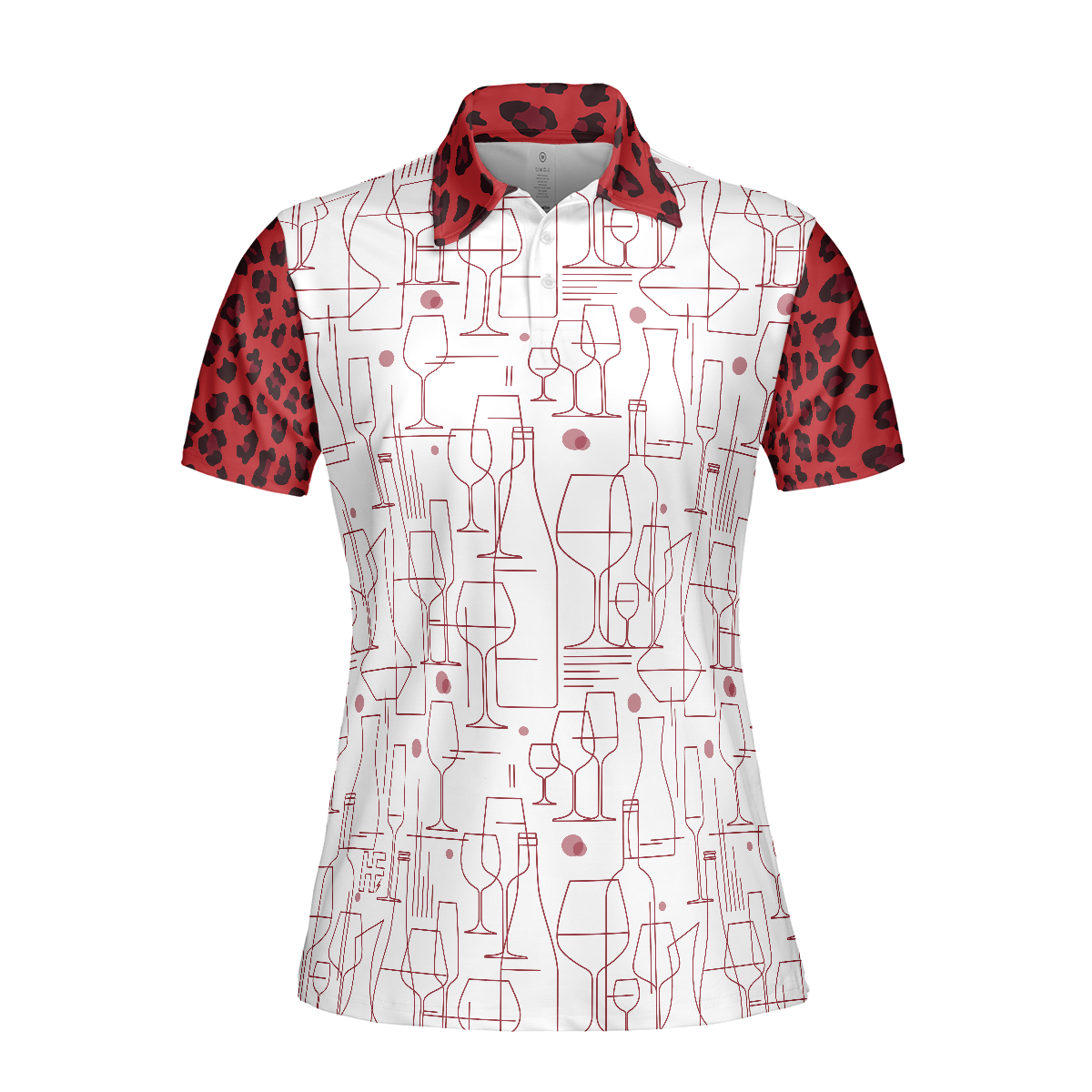 Red Wine And Leopard Pattern Drink Short Sleeve Women Polo Shirt, Wine Drinking Icon Polo Shirt For Ladies