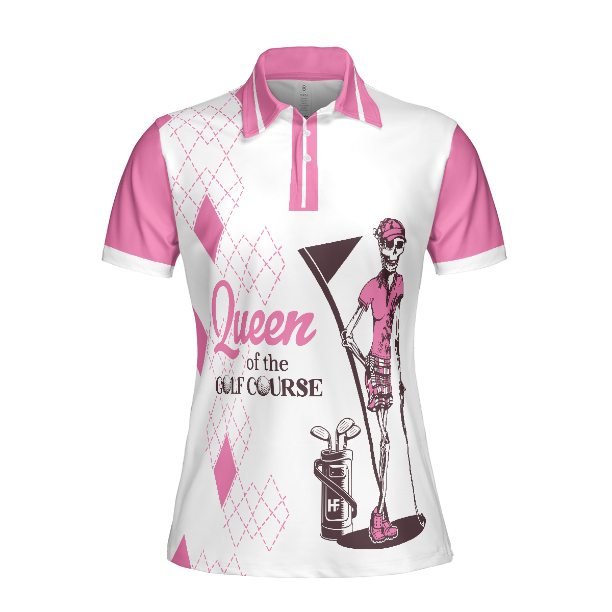 Queen Of The Golf Short Sleeve Women Polo Shirt, White And Pink Argyle Pattern Golf Shirt For Women