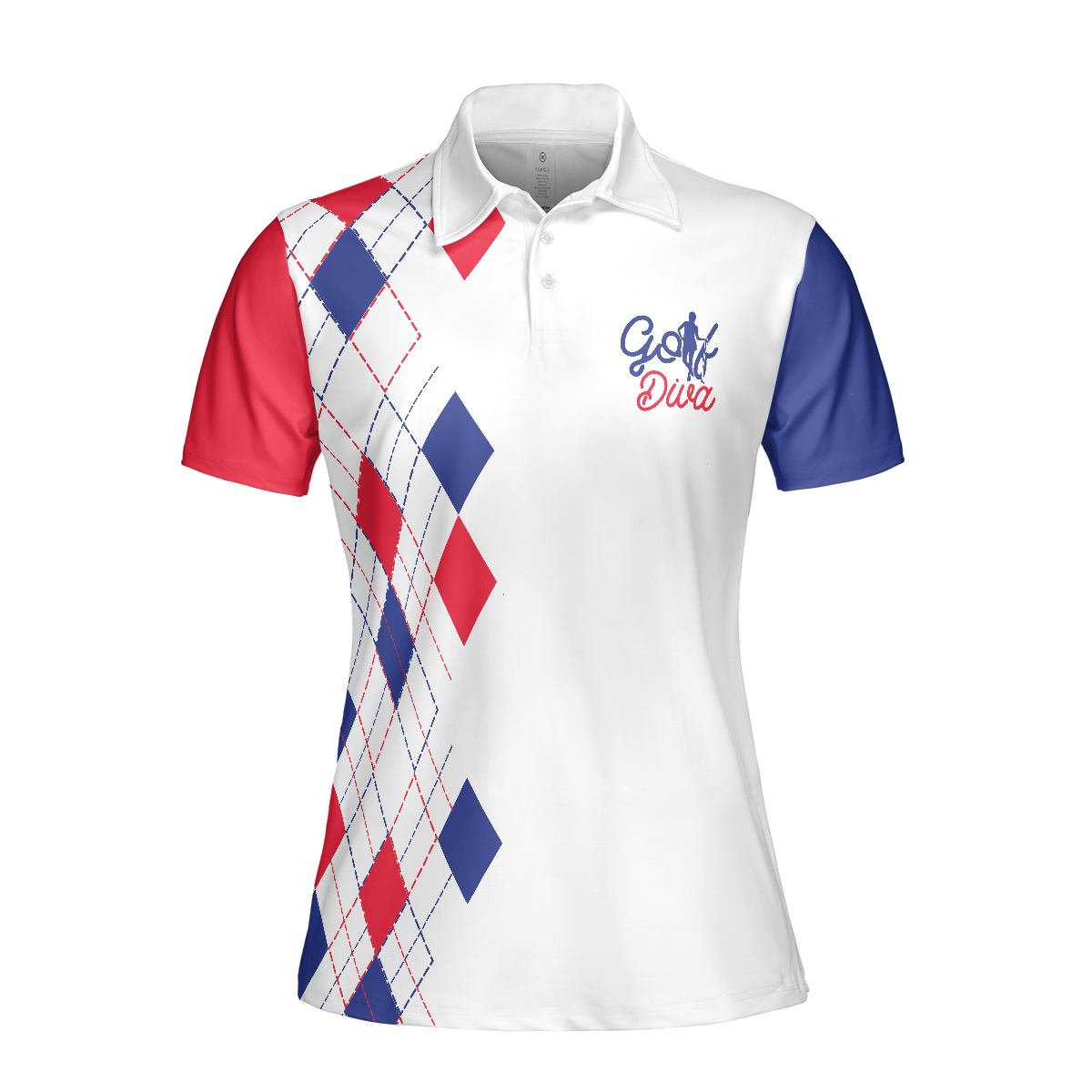 Golf Diva V2 Short Sleeve Women Polo Shirt, Red And Blue Argyle Pattern Golf Shirt For Golf Ladies