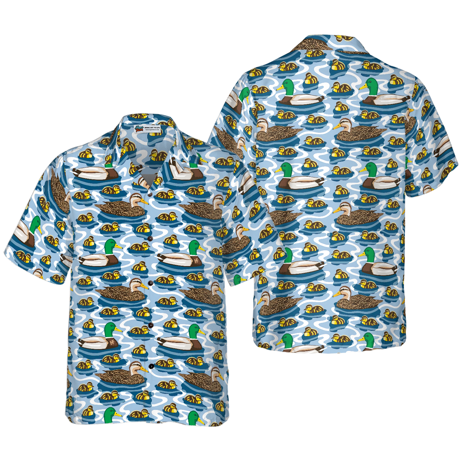 Rouen Duck Family Swimming Hawaiian Shirt, Arctic Blue Pond Texture Hawaiian Shirt
