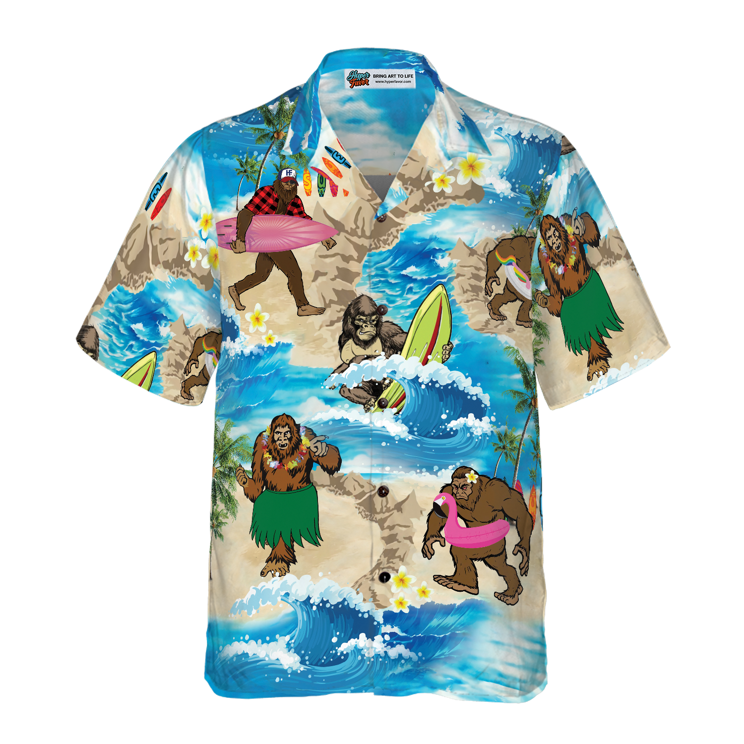 Bigfoots Are On Summer Vacation Bigfoot Hawaiian Shirt, Tropical Aloha Wave Surfing Bigfoot Shirt For Men