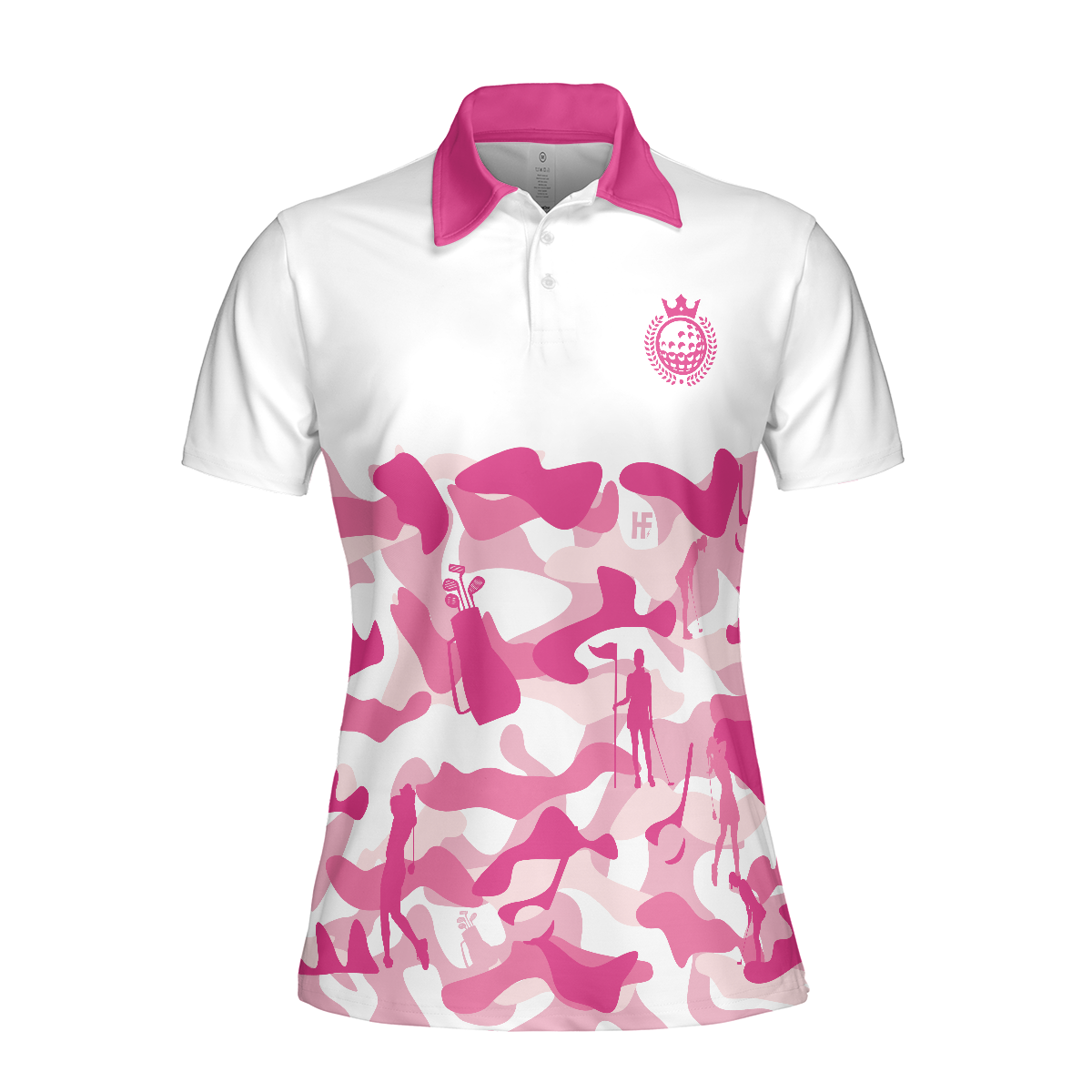Pink Camouflage Pattern With Women Golfer Short Sleeve Women Polo Shirt, White And Pink Camo Golf Shirt For Ladies