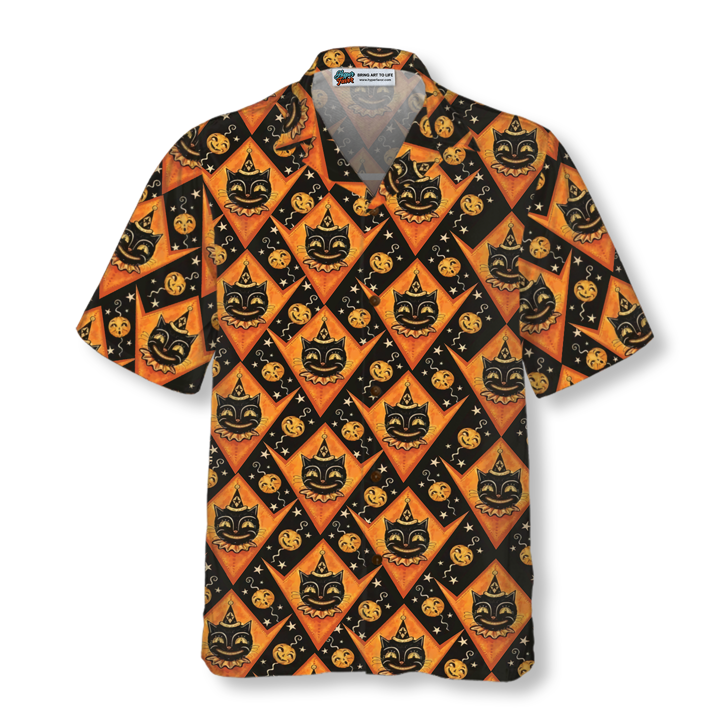 Grinning Black Cats Halloween Hawaiian Shirt For Men, Black And Pumpkin Orange Harlequin Pattern Hawaiian Shirt