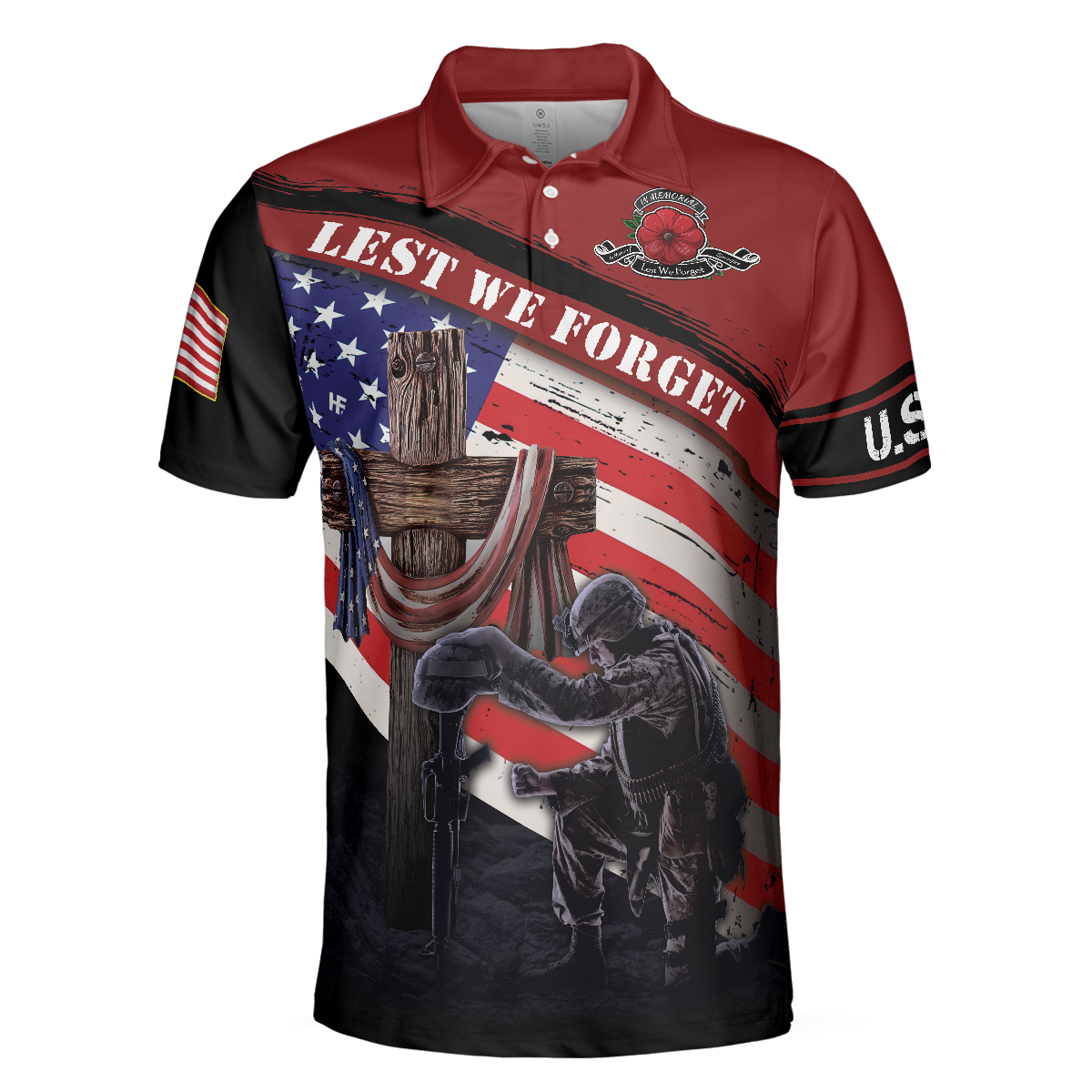 Lest We Forget With USA Flag Polo Shirt, American Flag Polo Shirt For Men, Gift Idea For Veterans