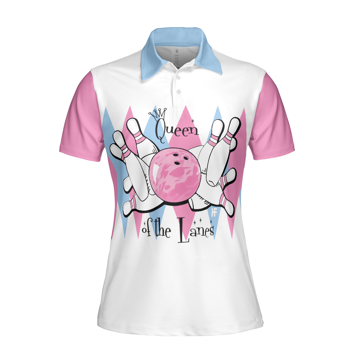 Queen Of The Lanes Pink And Blue Bowling Short Sleeve Women Polo Shirt, Bowling Shirt For Ladies