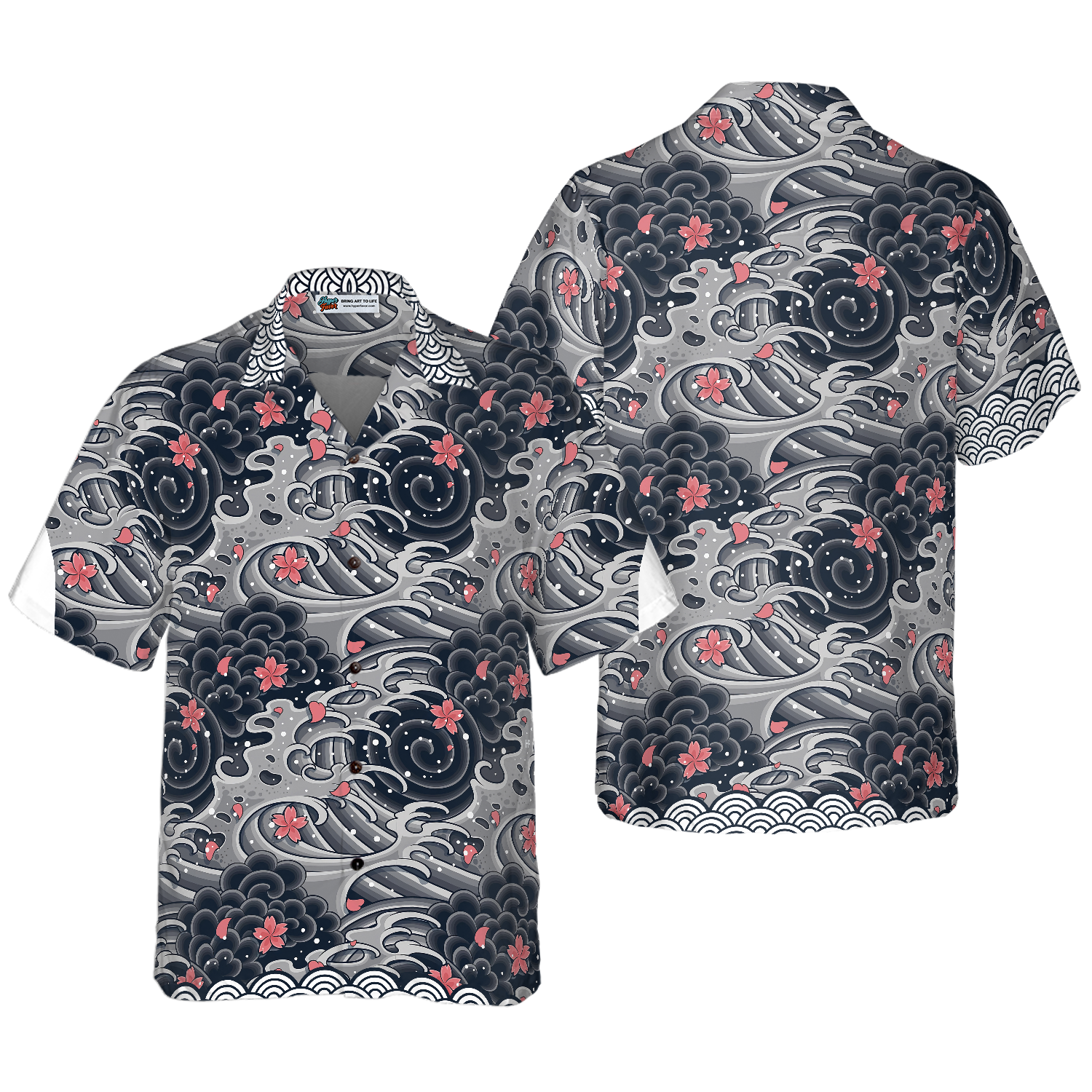 Japanese Red Flower Waves Hawaiian Shirt, Black And White Cherry Blossom Abstract Floral Hawaiian Shirt