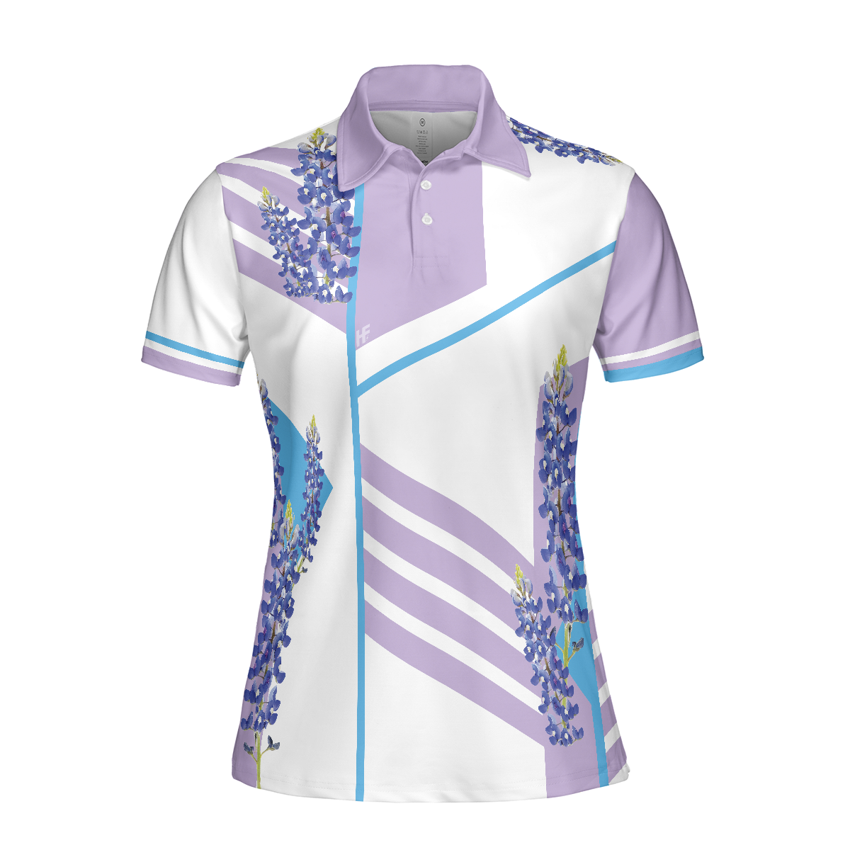 Bluebonnet With Purple Stripe Golf Short Sleeve Women Polo Shirt, White And Purple Texas Golf Shirt For Ladies