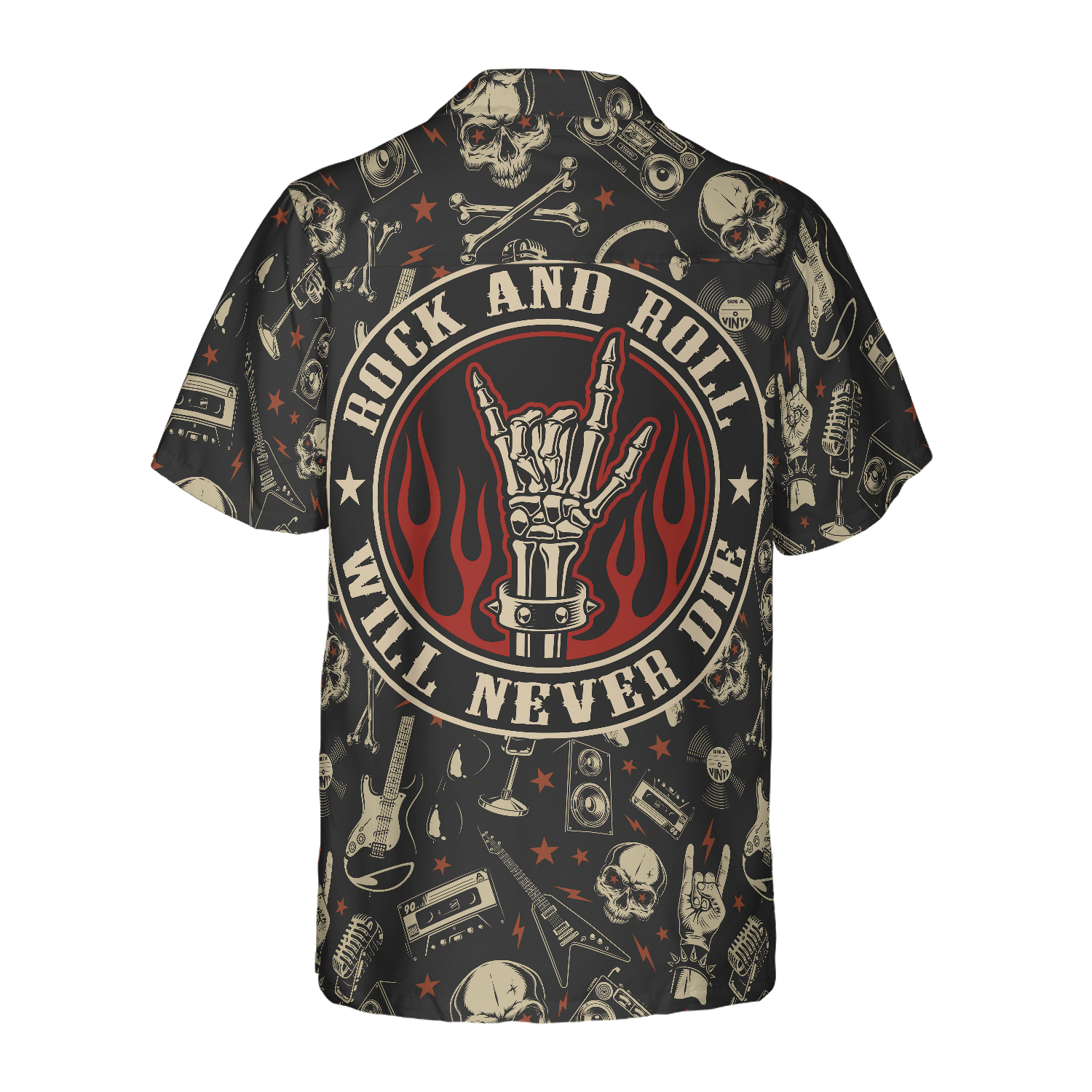 Rock N Roll Will Never Die Hawaiian Shirt, Electric Guitar Skull And Crossbones Hawaiian Shirt