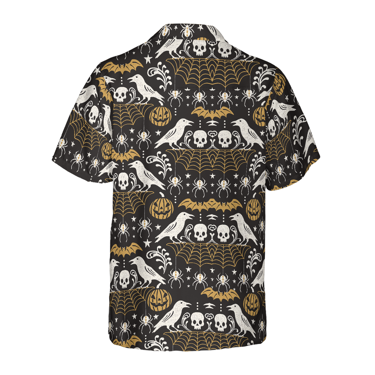 Halloween Eve Black Hawaiian Shirt For Men, Pumpkin Bat Crow Spider Web Skull Hawaiian Shirt