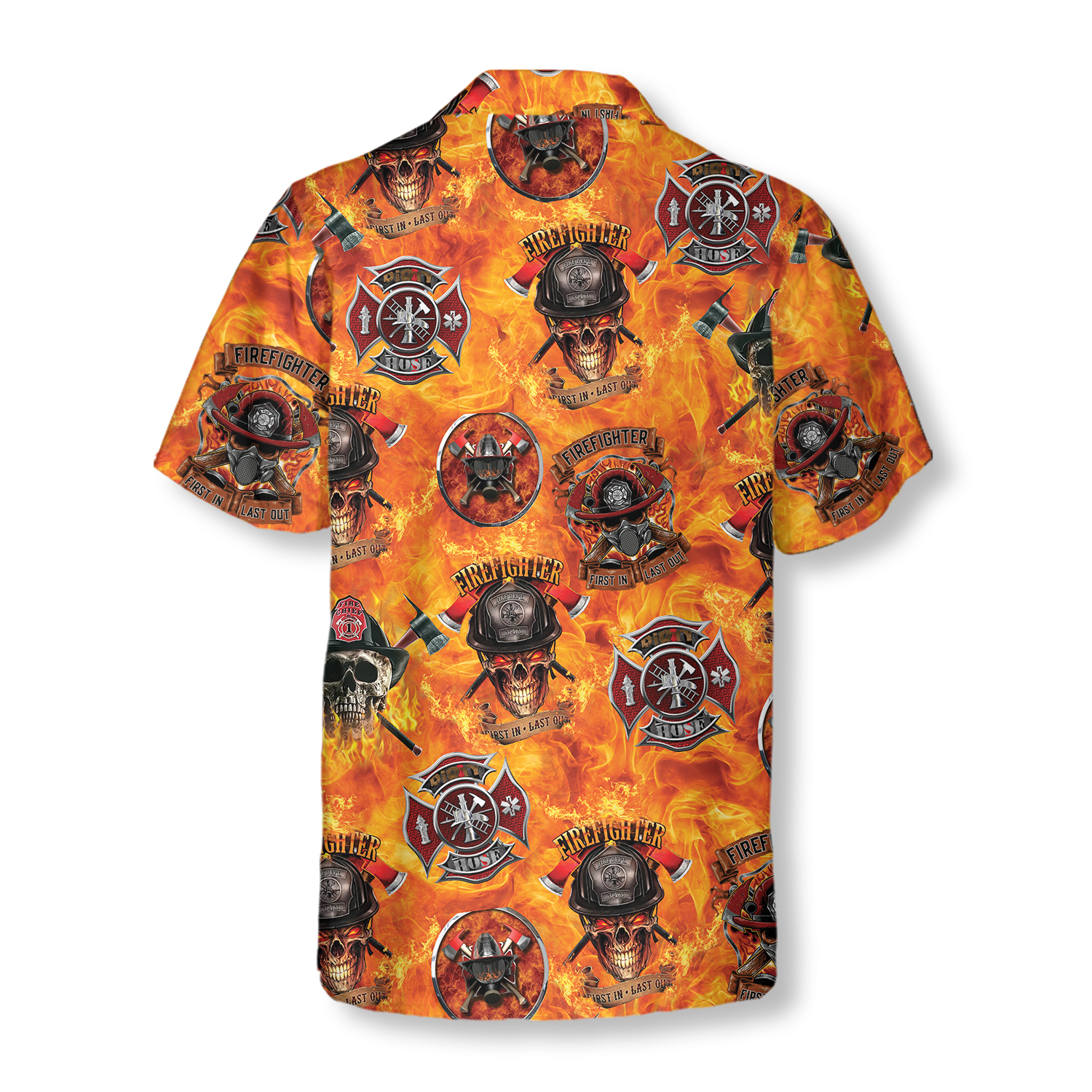 First In Last Out Firefighter Hawaiian Shirt, Viking Style Flame Skull Shield Firefighter Shirt For Men