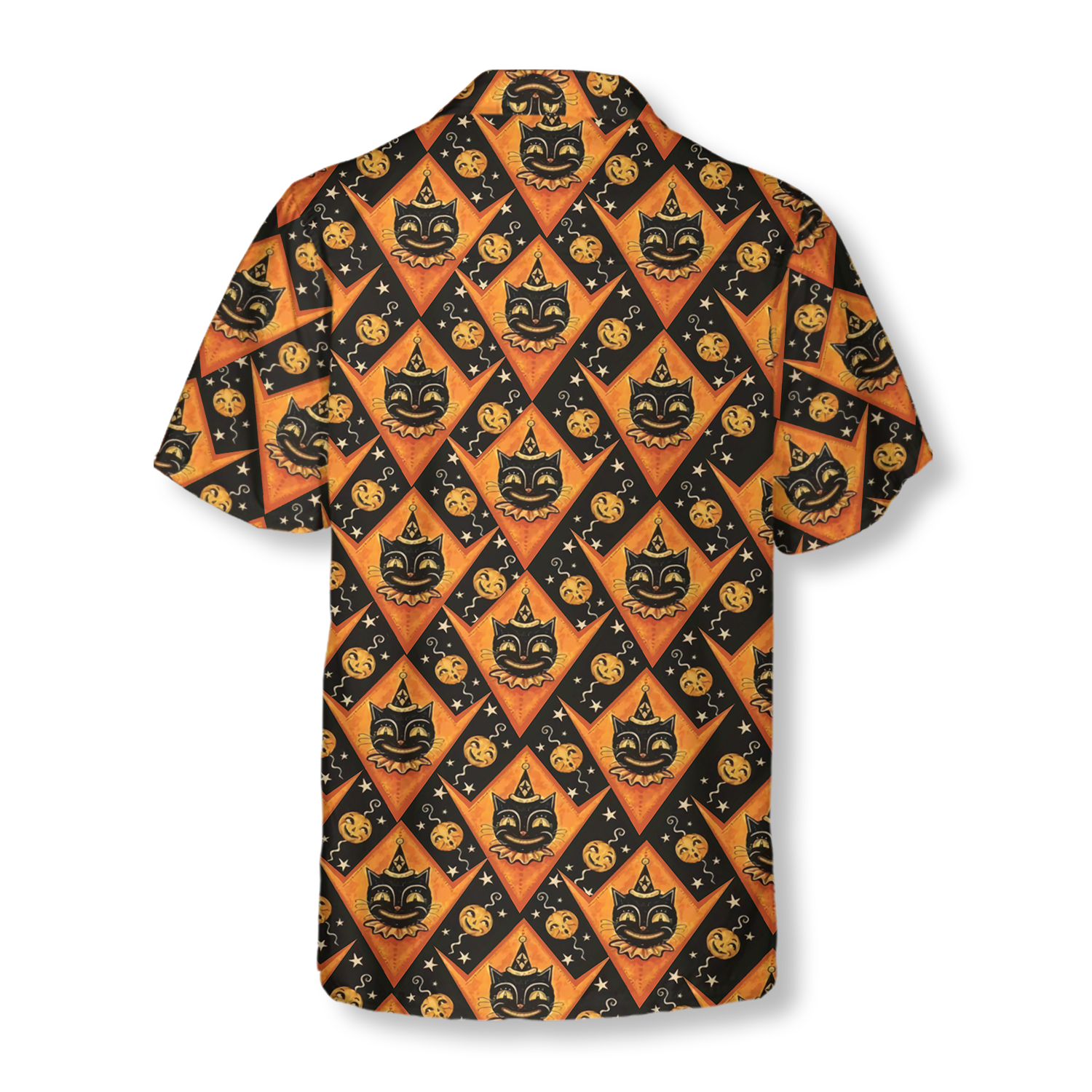 Grinning Black Cats Halloween Hawaiian Shirt For Men, Black And Pumpkin Orange Harlequin Pattern Hawaiian Shirt