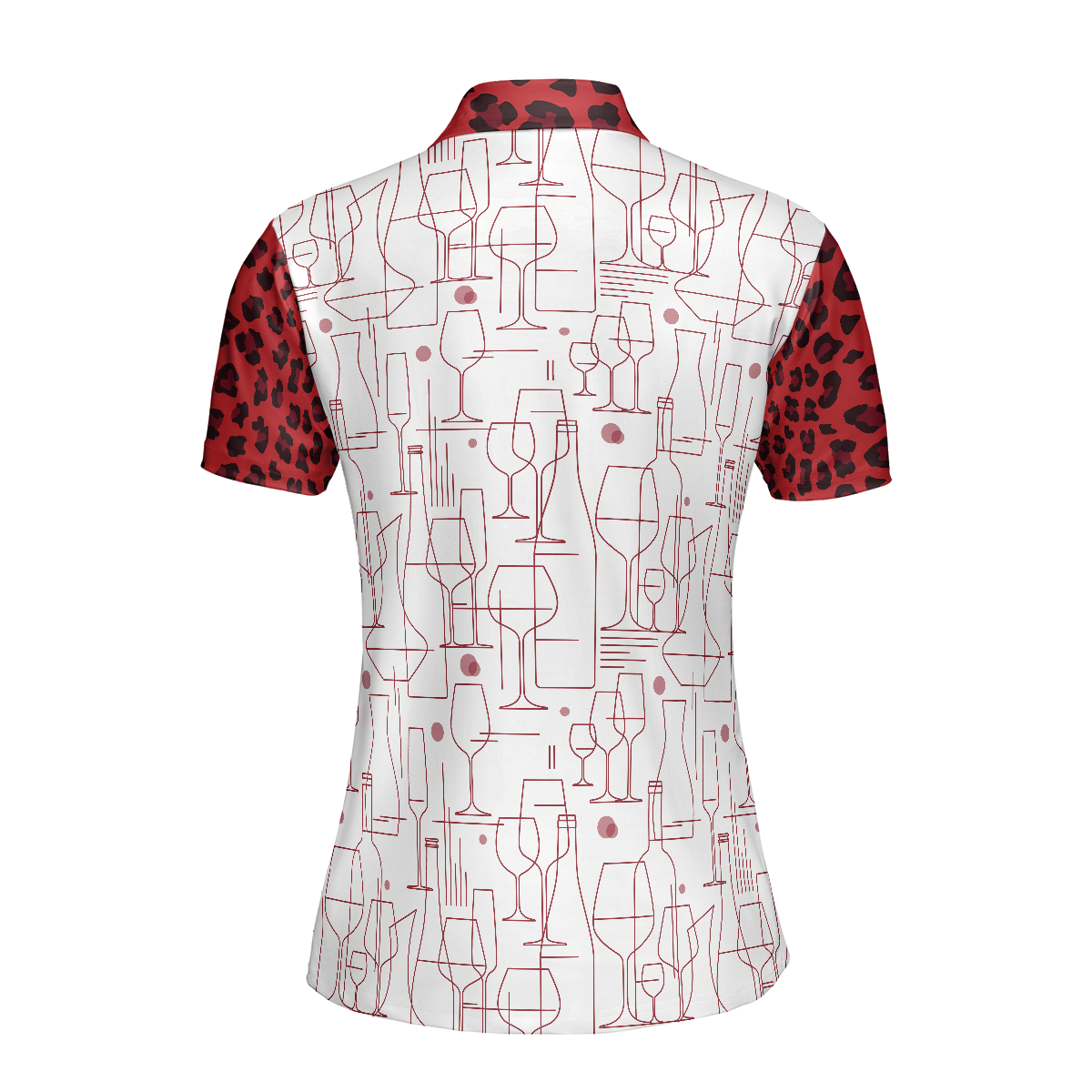 Red Wine And Leopard Pattern Drink Short Sleeve Women Polo Shirt, Wine Drinking Icon Polo Shirt For Ladies