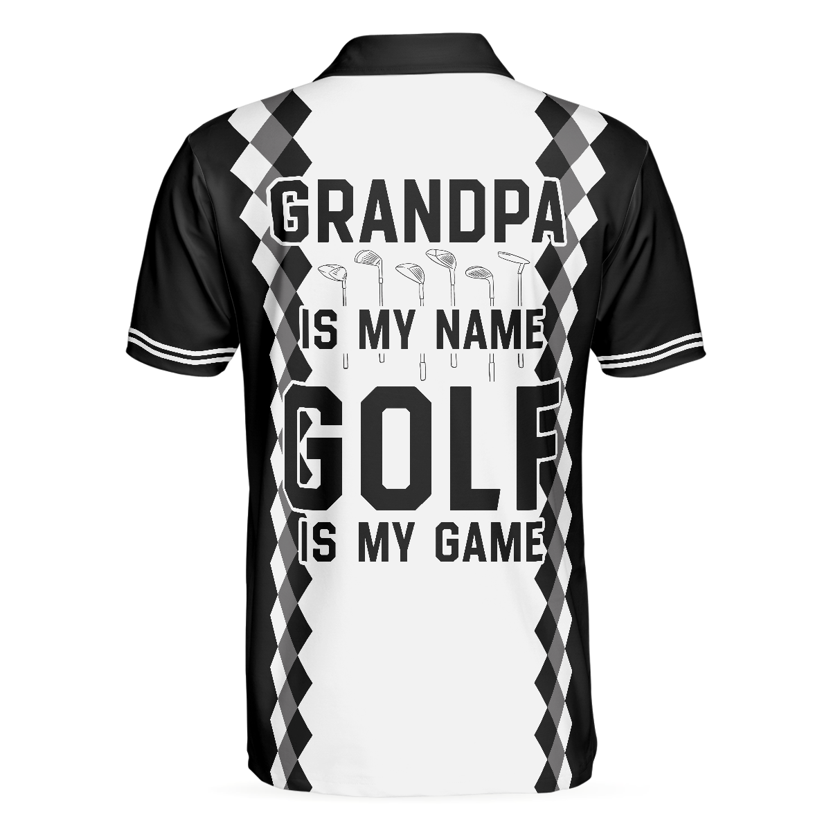 Grandpa Is My Name Golf Is My Game Golf Polo Shirt, Black And White Argyle Pattern Golf Shirt For Men