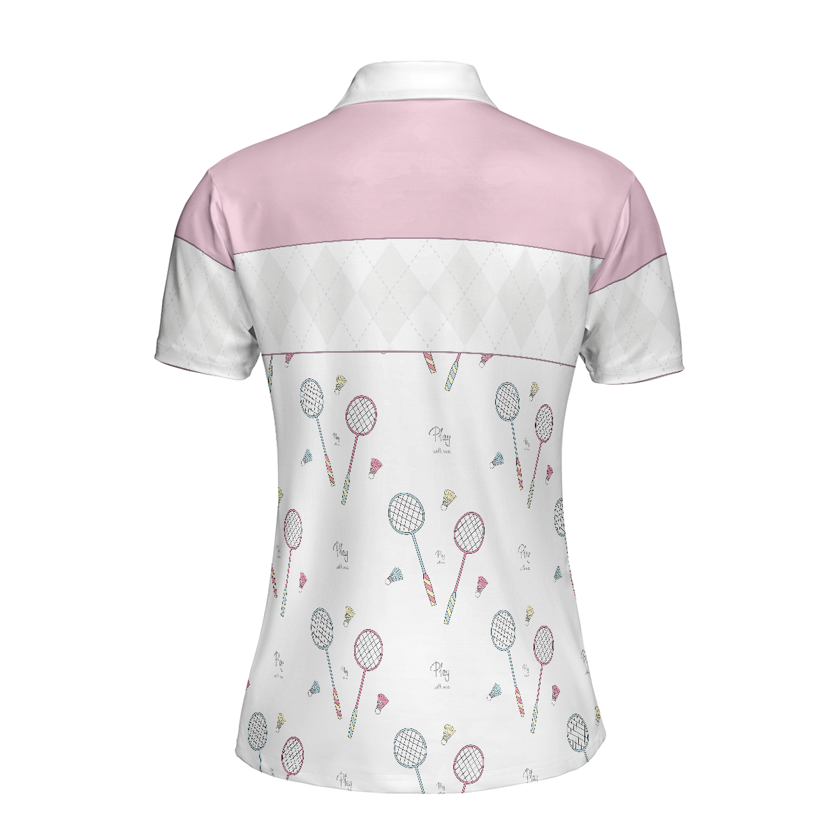 Play With Me Badminton Short Sleeve Women Polo Shirt, White And Pink Badminton Shirt For Women