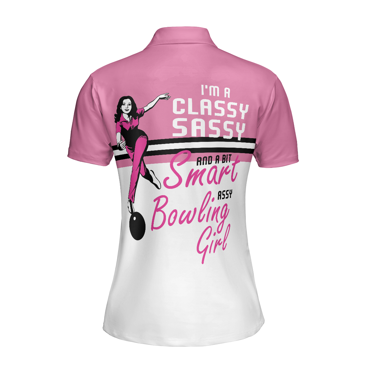 I'm A Classy Sassy Bowling Girl Bowling Short Sleeve Women Polo Shirt, Pink Bowling Ball And Pin Pattern Shirt For Ladies