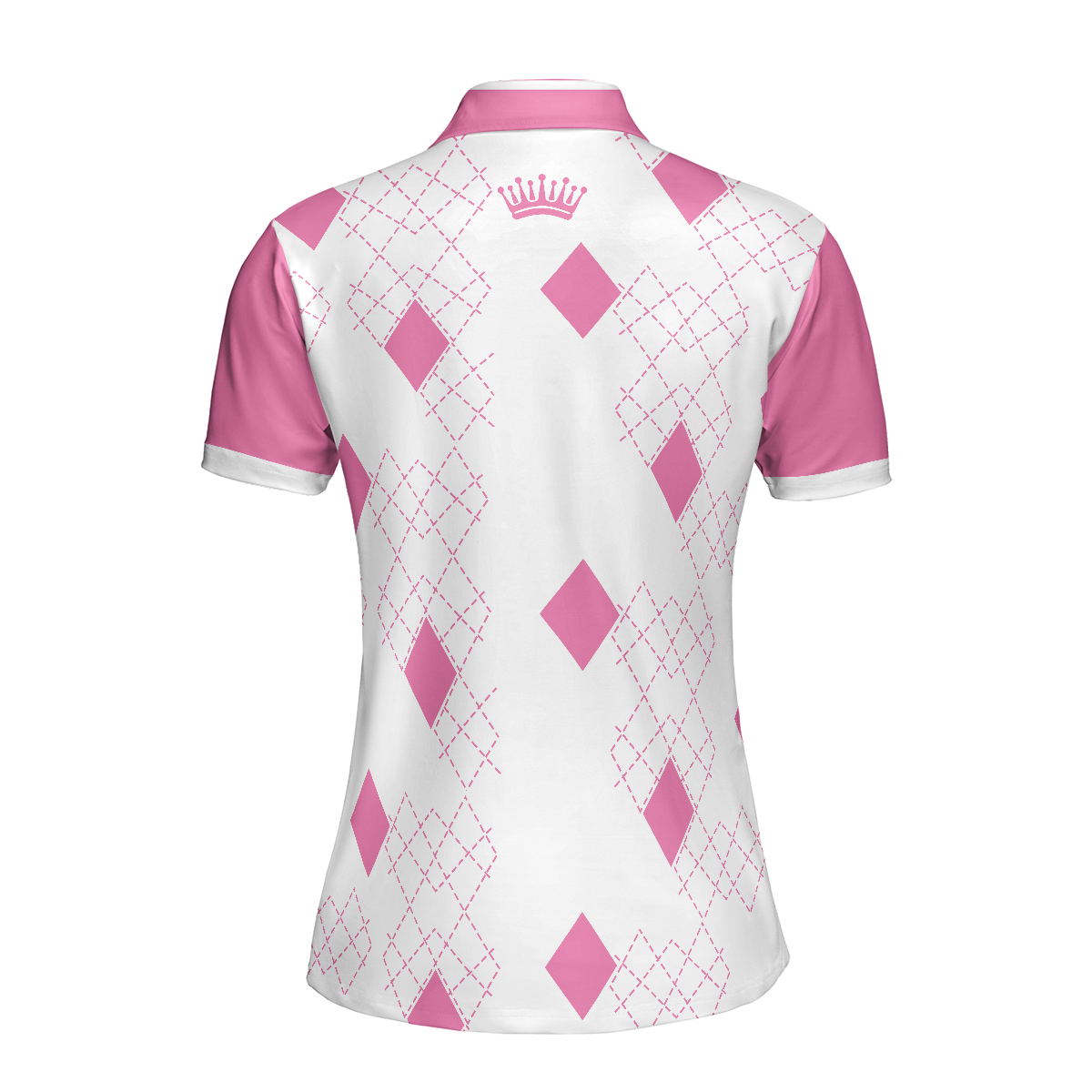 Queen Of The Golf Short Sleeve Women Polo Shirt, White And Pink Argyle Pattern Golf Shirt For Women
