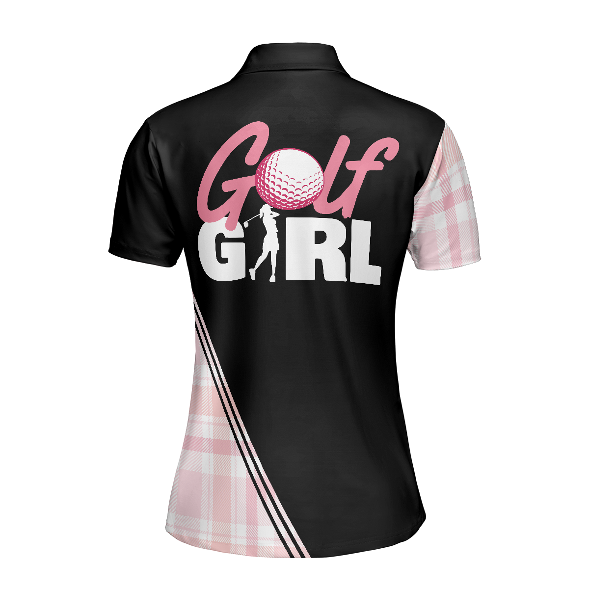 Golf Girl In Black And Pink Plaid Pattern Golf Short Sleeve Women Polo Shirt, Unique Golf Shirt For Ladies