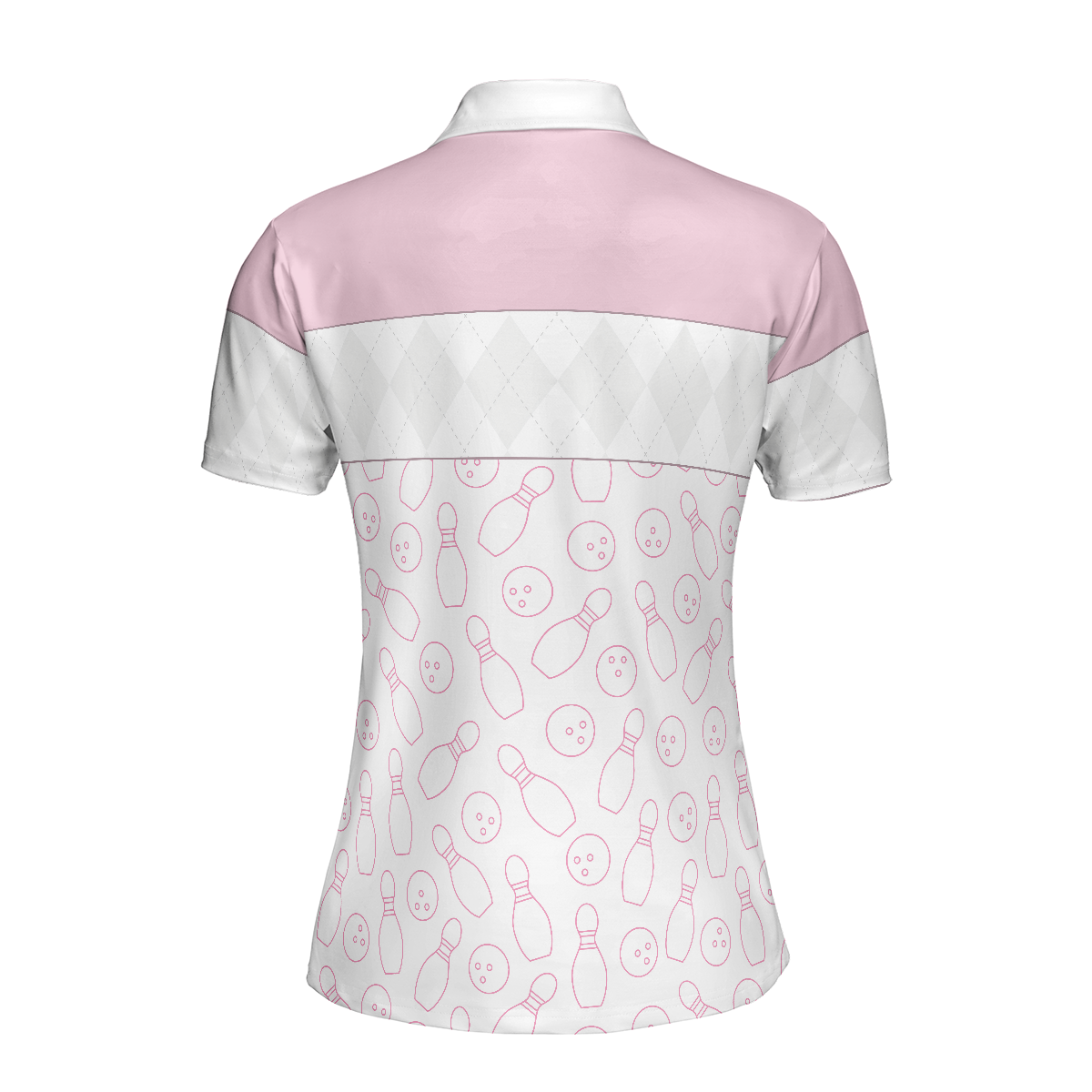 Pink Bowling Balls And Pins Pattern Bowling Short Sleeve Women Polo Shirt, White Bowling Polo Shirt For Ladies