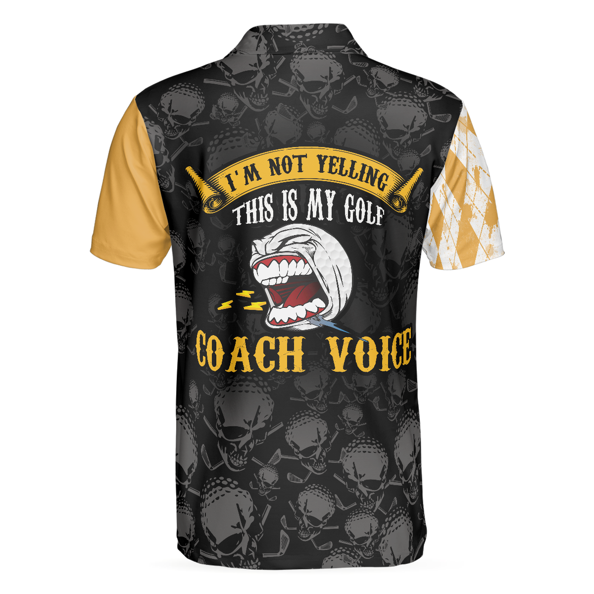 Golf Coach Polo Shirt, Black Skull Pattern Golf Shirt For Male Golfers, Argyle Pattern Golfing Shirt