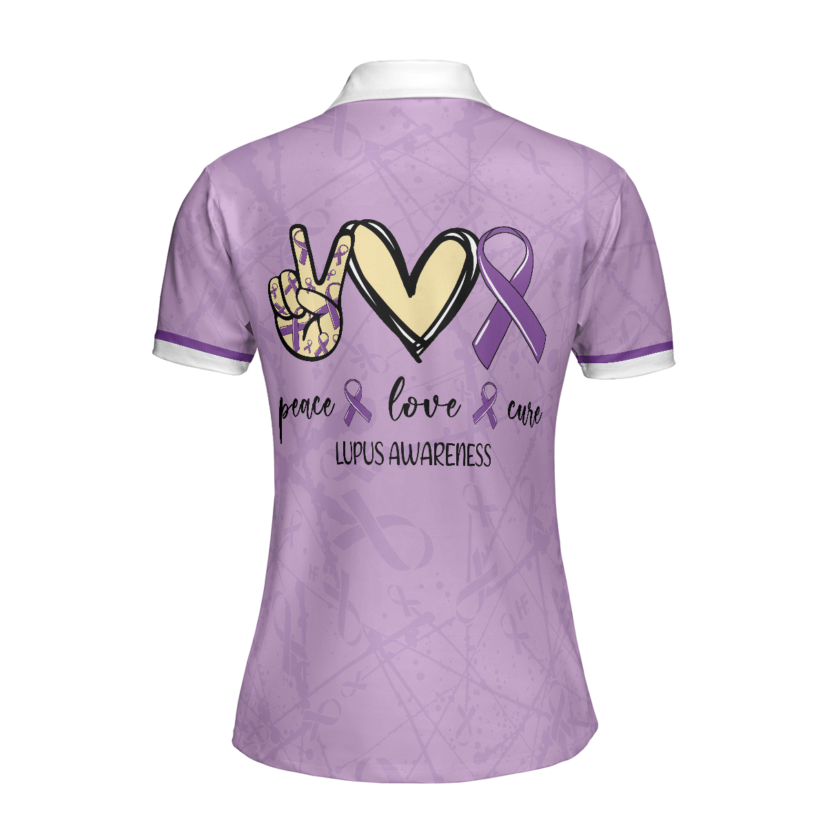 Peace Love Cure Lupus Awareness Short Sleeve Women Polo Shirt, Purple Ribbon Lupus Shirt For Ladies, Lupus Support Gift